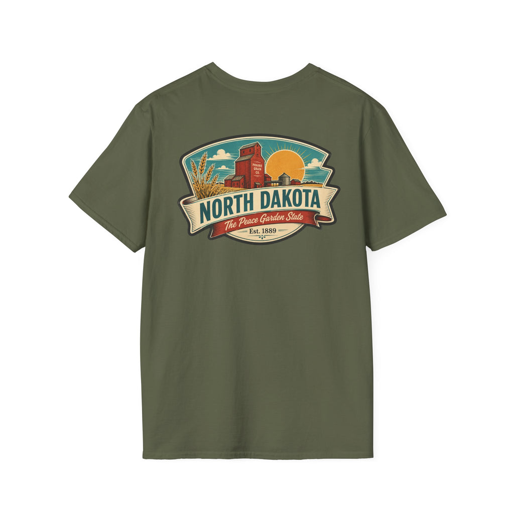 Olive green T-shirt with North Dakota logo graphic on the chest
