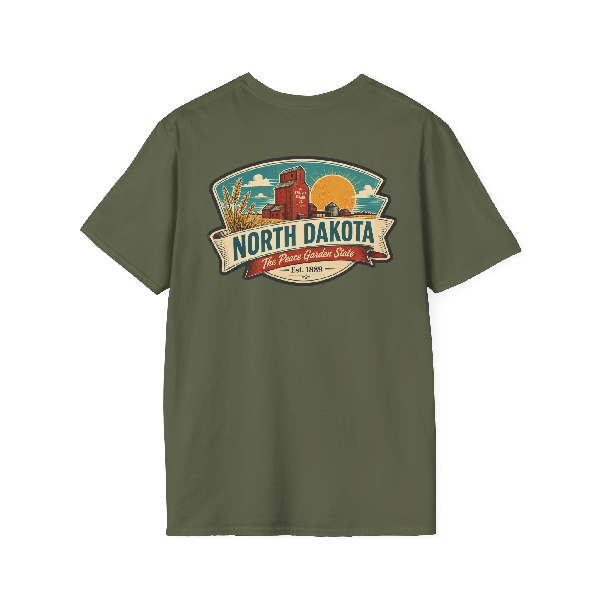 Olive green T-shirt with North Dakota logo graphic on the chest