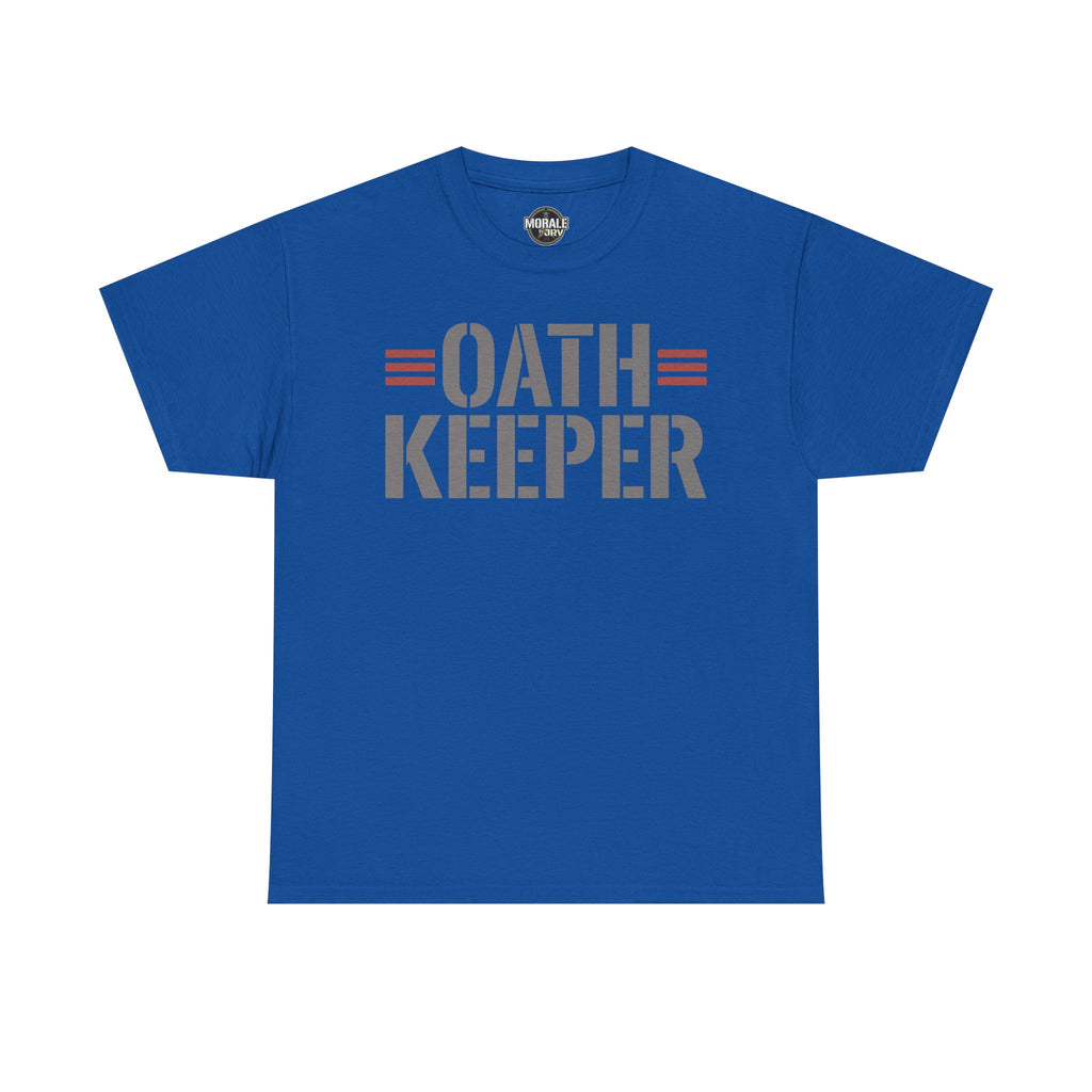 Royal blue T-shirt with 'OATH KEEPER' patriotic graphic