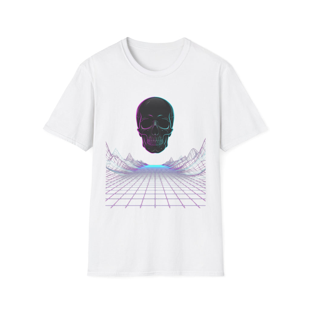Neon skull T-shirt, white front with purple-blue skull graphic and grid lines