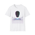 Neon skull T-shirt, white front with purple-blue skull graphic and grid lines