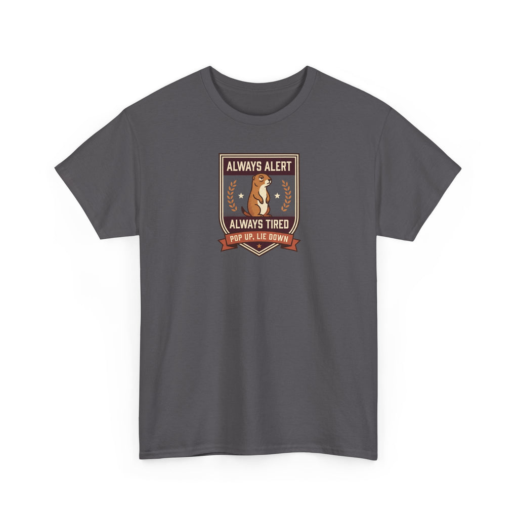 Charcoal short-sleeve T-shirt with badge graphic on chest