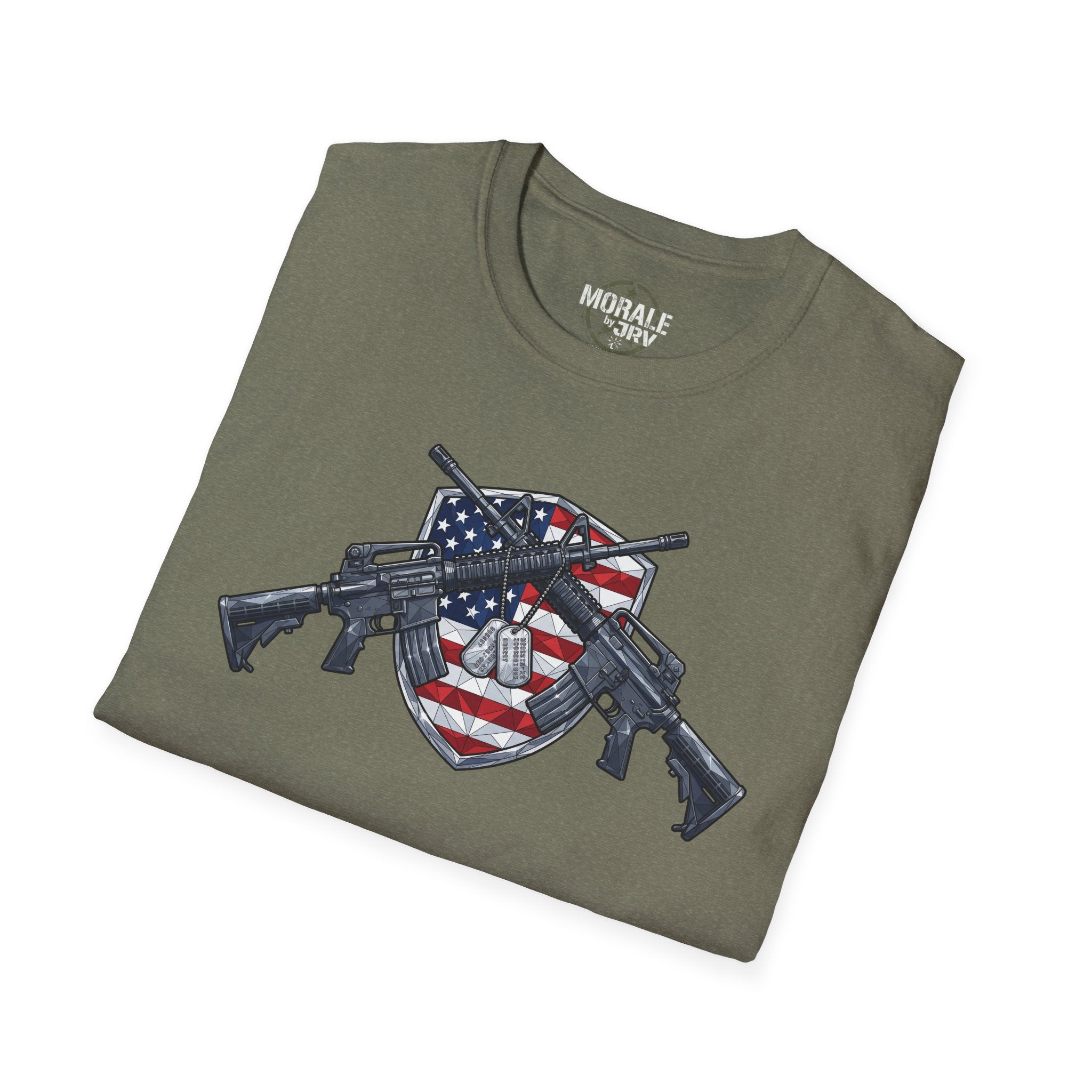 Olive green American flag skull shield t-shirt with crossed rifles graphic, folded view