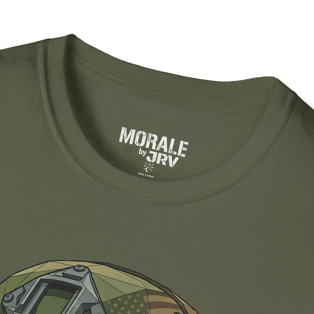 Military green T-shirt with Morale by TRV logo at neckline
