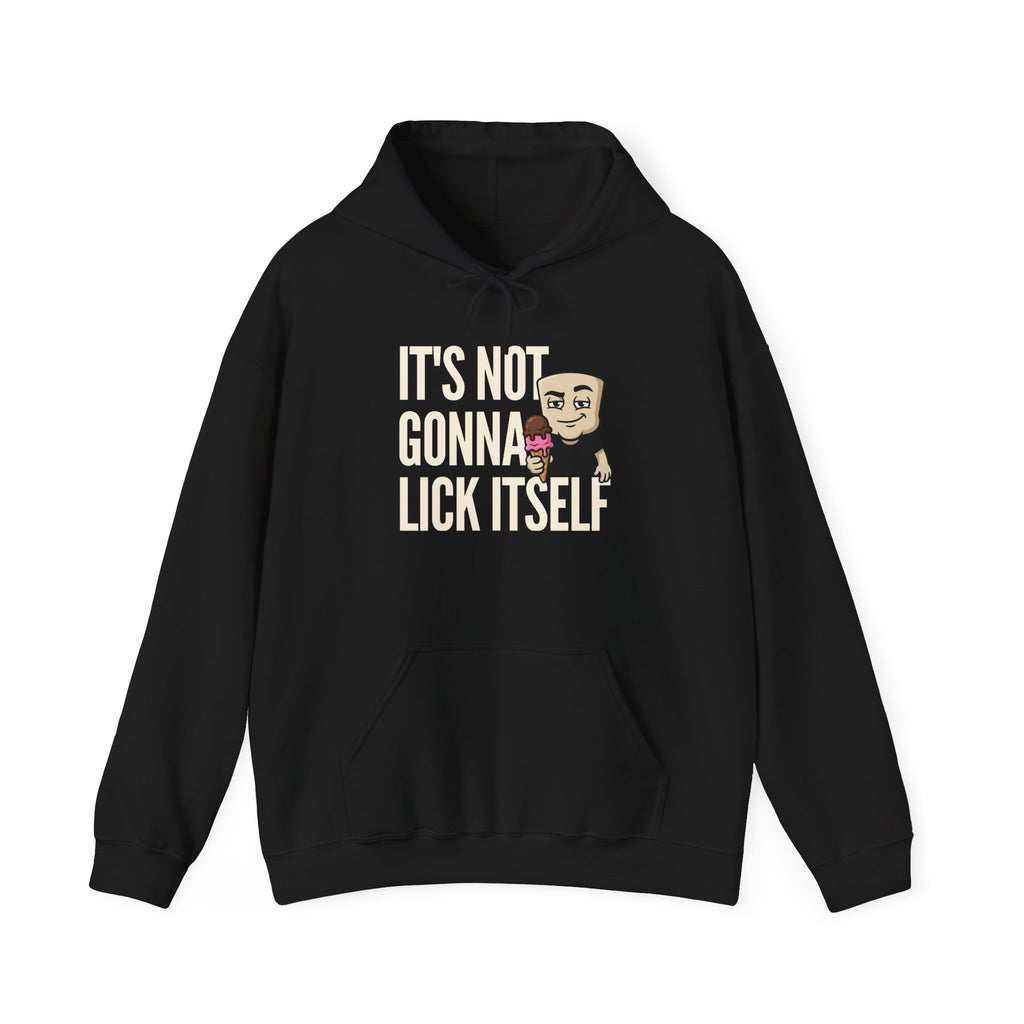 Black hoodie with front pocket, hood, and ice cream character 'IT'S NOT...' graphic.