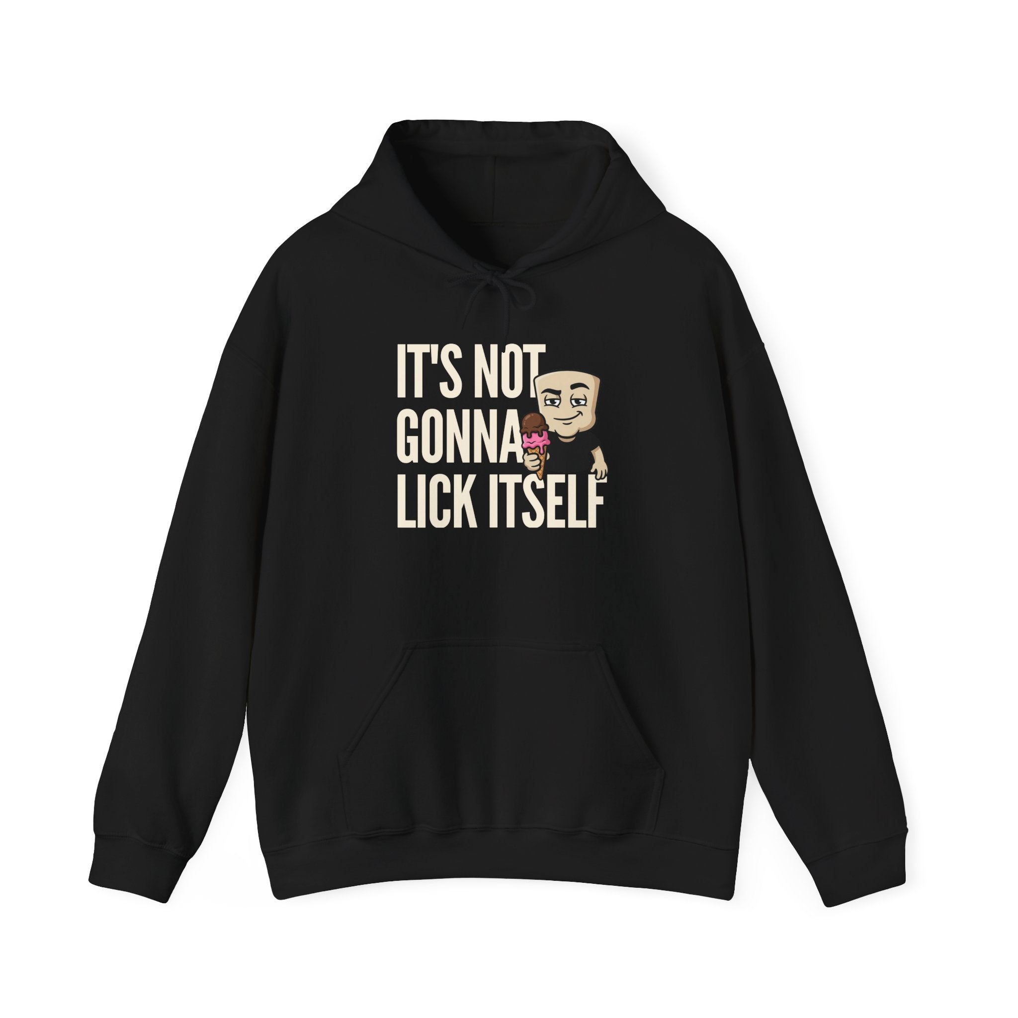 Black hoodie with front pocket, hood, and ice cream character 'IT'S NOT...' graphic.