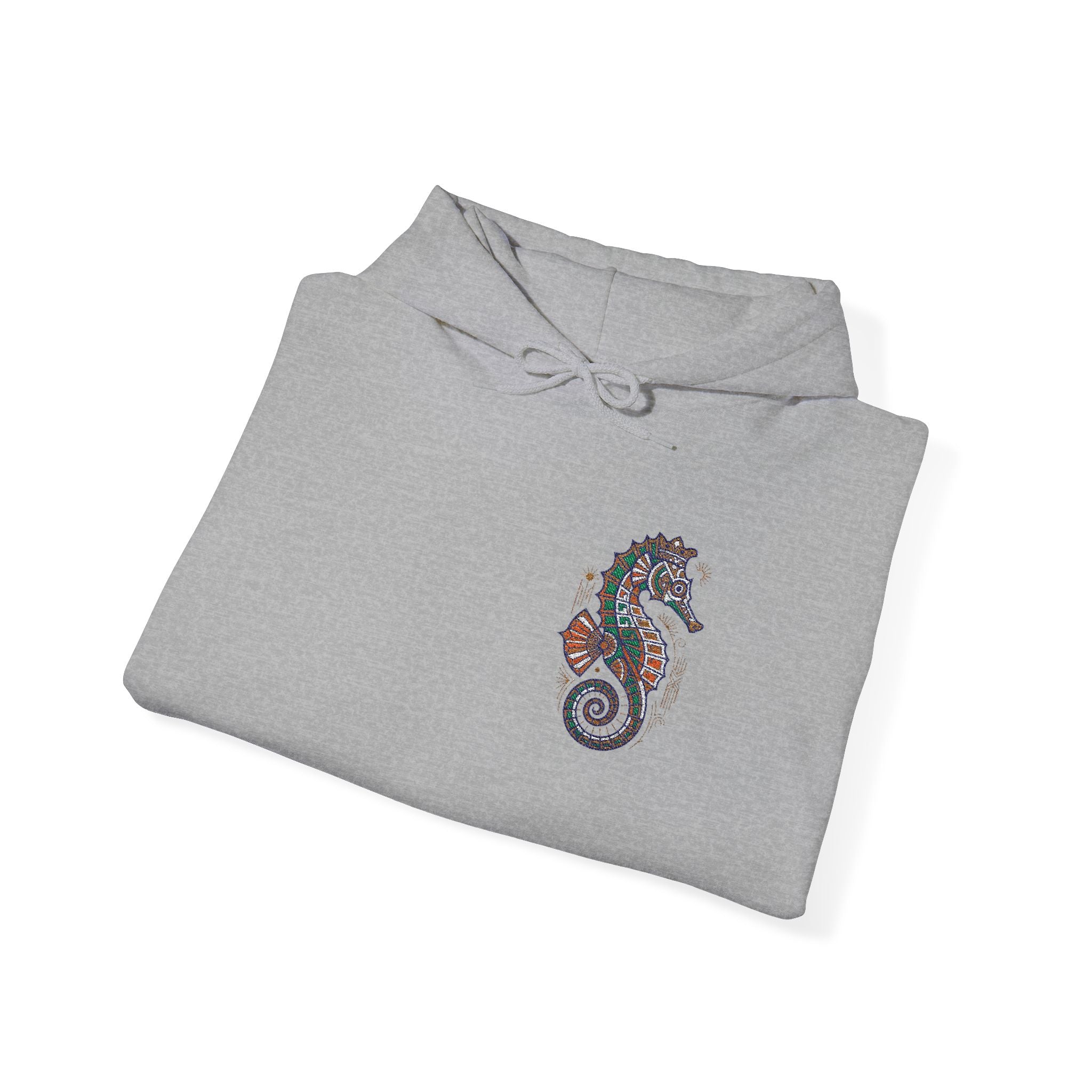 Heather gray hoodie sweatshirt with drawstring hood and colorful seahorse graphic on chest