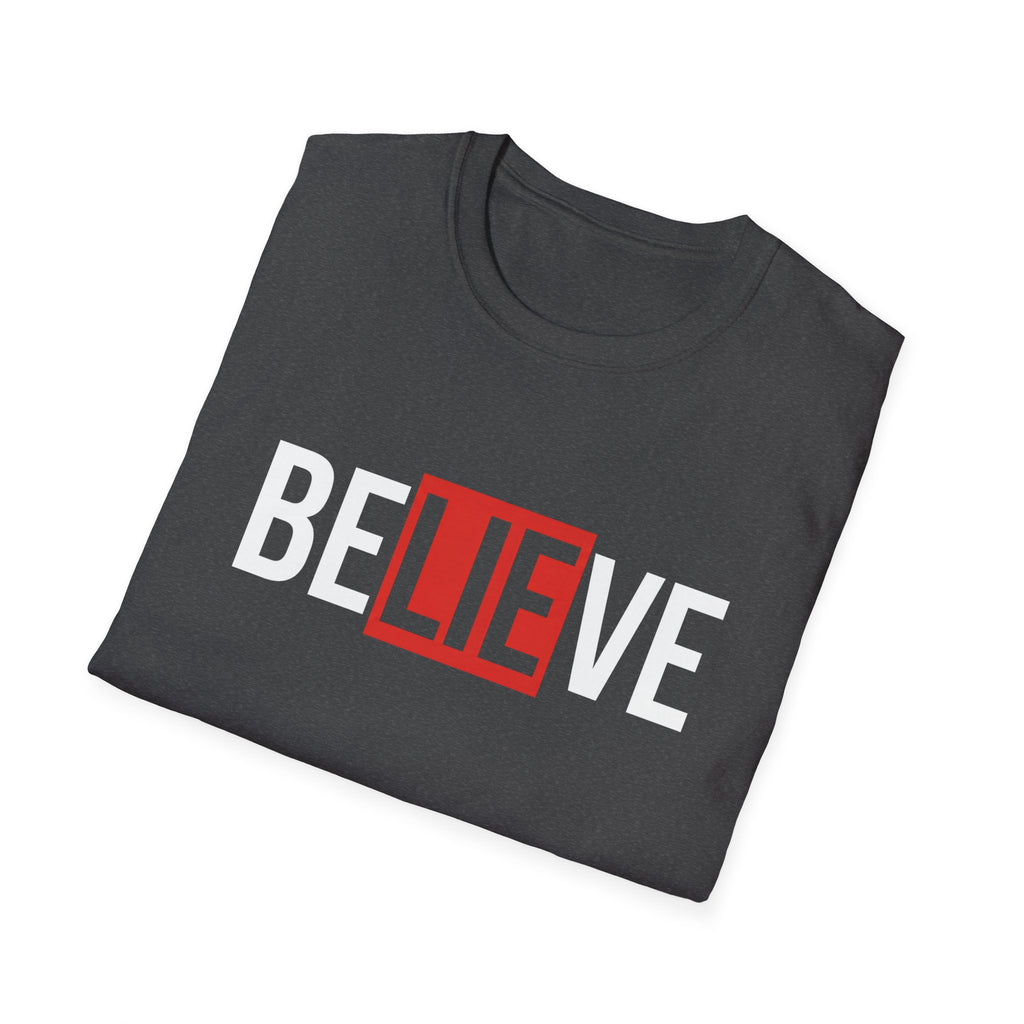 Dark heather statement tee with bold 'BELIEVE' text graphic