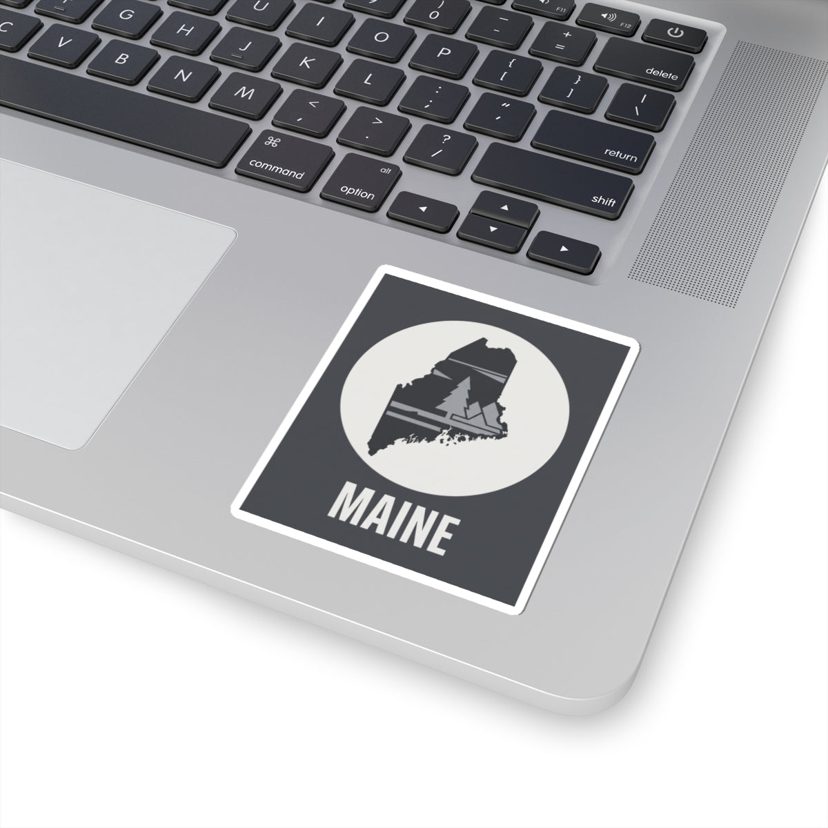 Rectangular Maine silhouette sticker on a backing sheet, circular pine tree map and 'MAINE'.