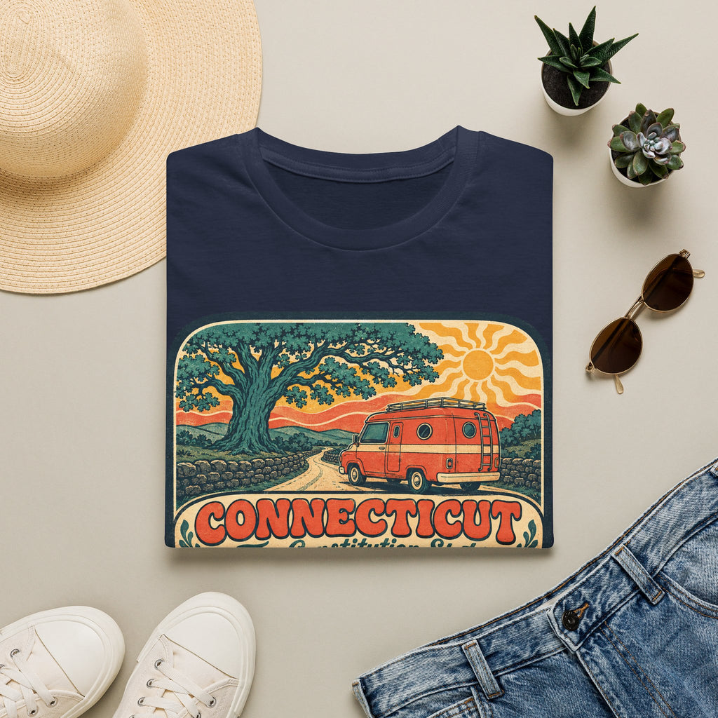 Navy Connecticut graphic T-shirt with red camper van and sunset landscape print.