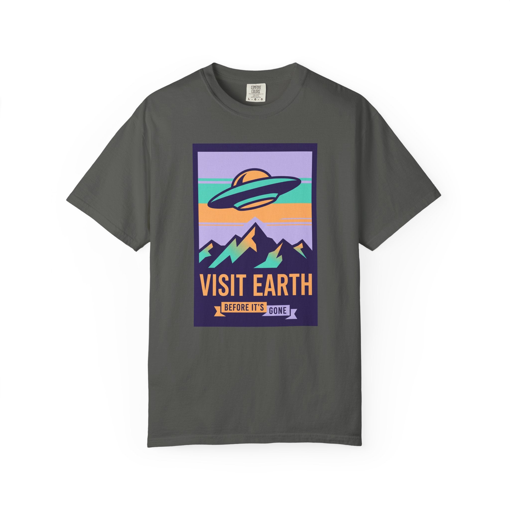 T-shirt with 'Visit Earth' UFO over mountains graphic, dark gray