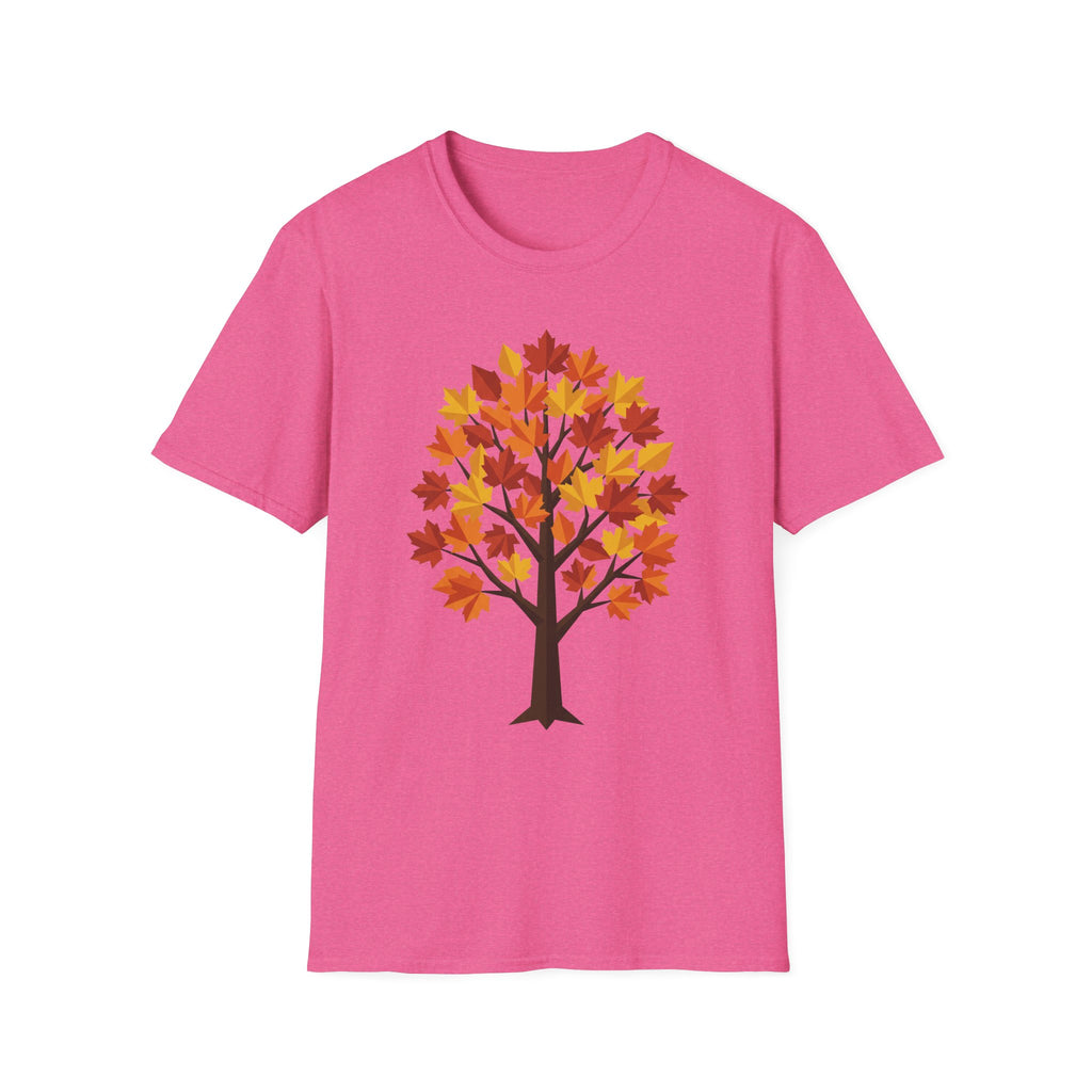 Camiseta rosa fucsia con árbol de arce otoñal y hojas coloridas, estampado frontal