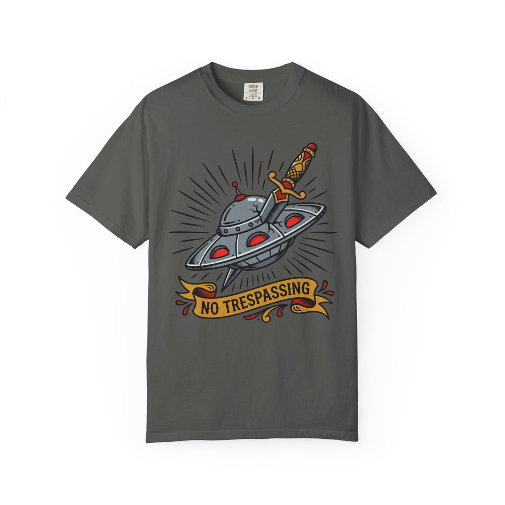 Charcoal tee with UFO dagger graphic and 'No Trespassing'