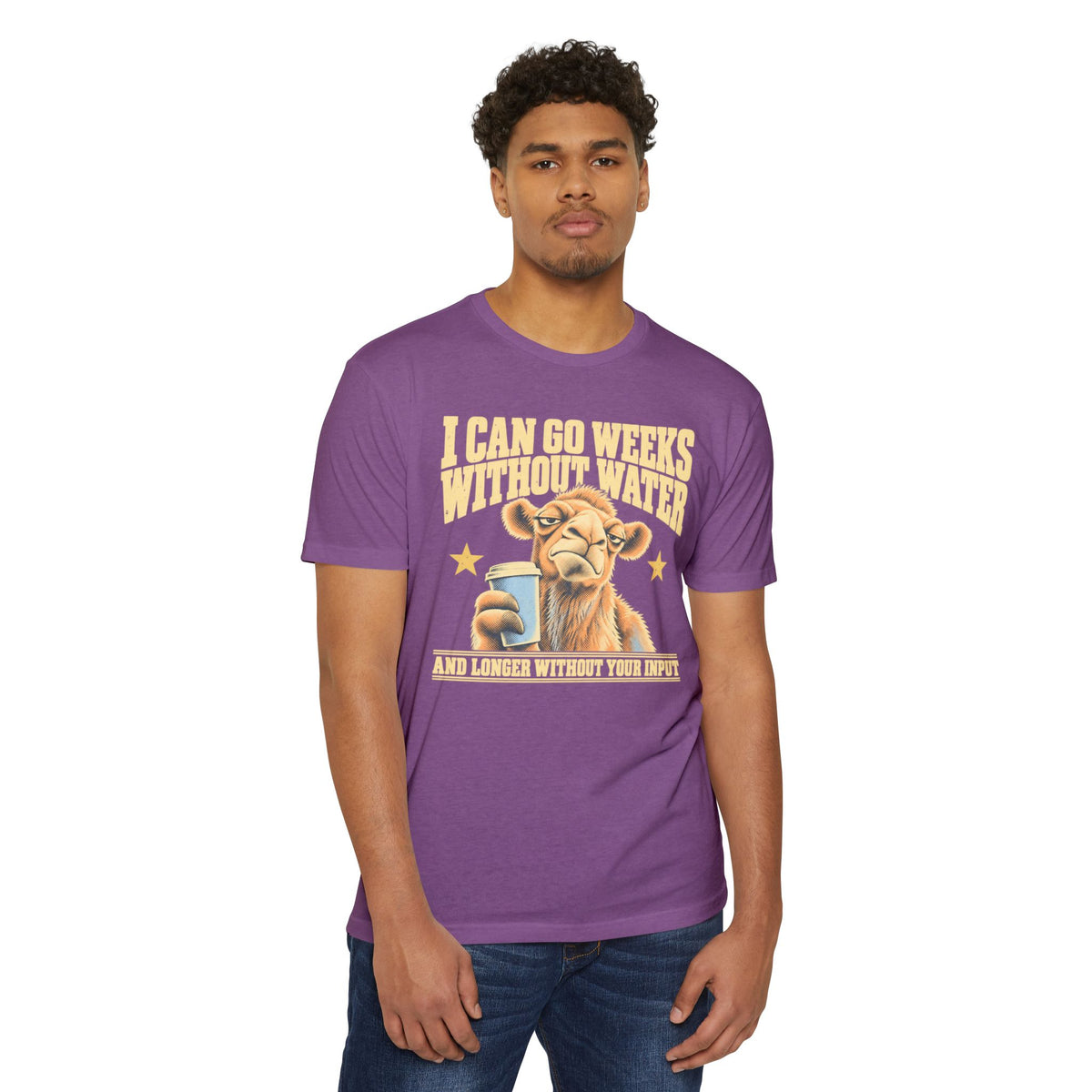 Purple crewneck graphic t-shirt with camel motif, stars, and slogan text