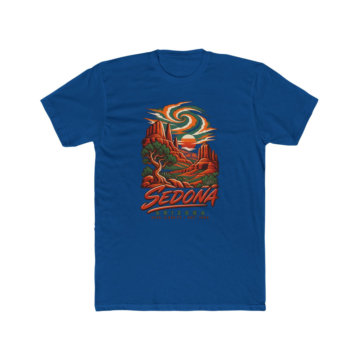 Navy blue T-shirt with multicolor desert vortex and “Sedona Arizona” front graphic