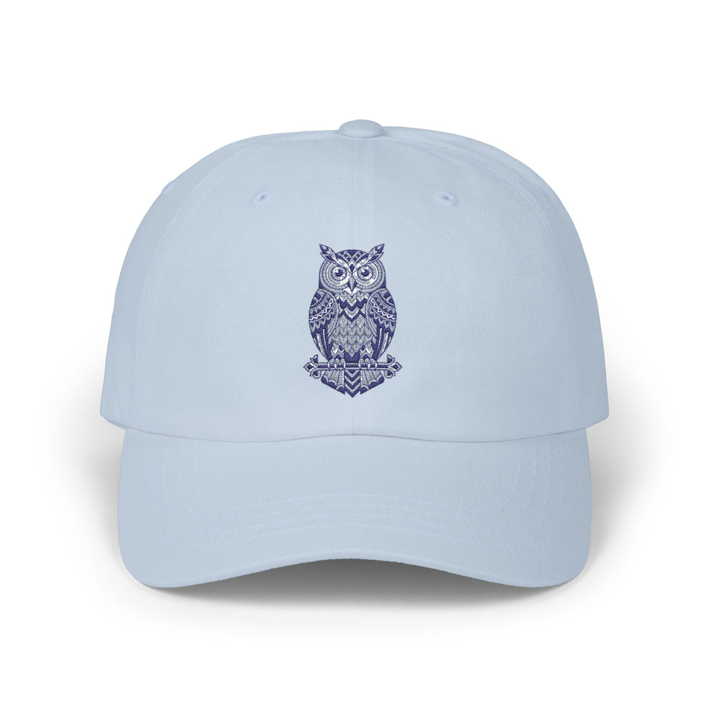 Light blue owl-embroidered dad cap with curved brim and stitched crown vents