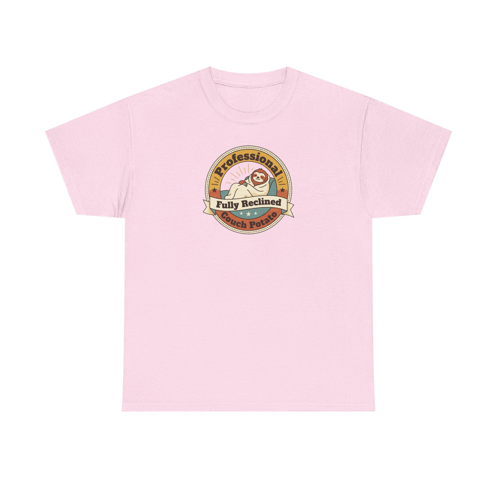 Light pink T-shirt with circular sloth logo graphic on chest.