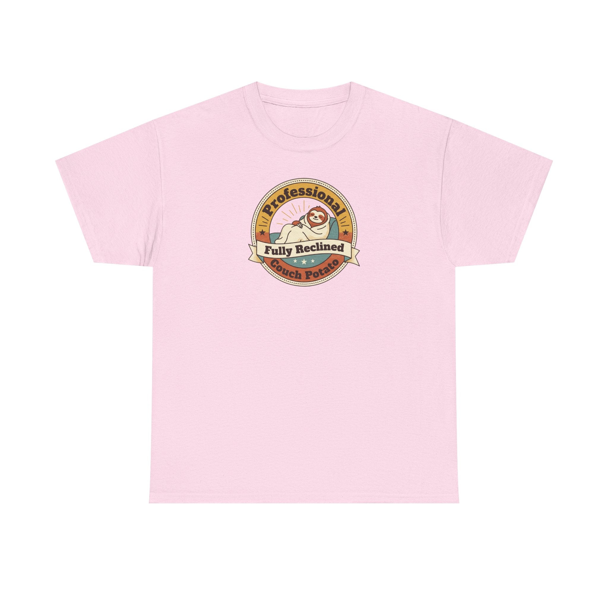 Light pink T-shirt with circular sloth logo graphic on chest.