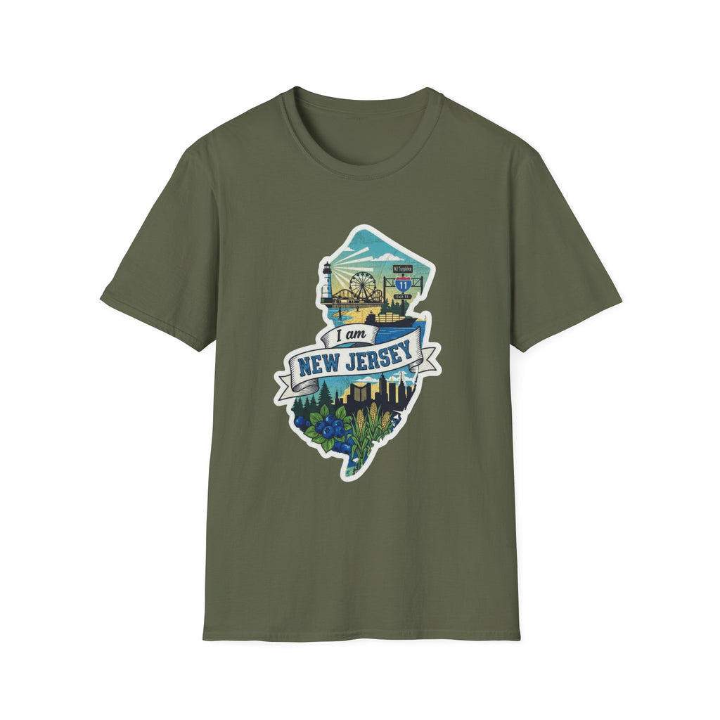 Crew-neck T-shirt, military green, with New Jersey map skyline graphic on front.