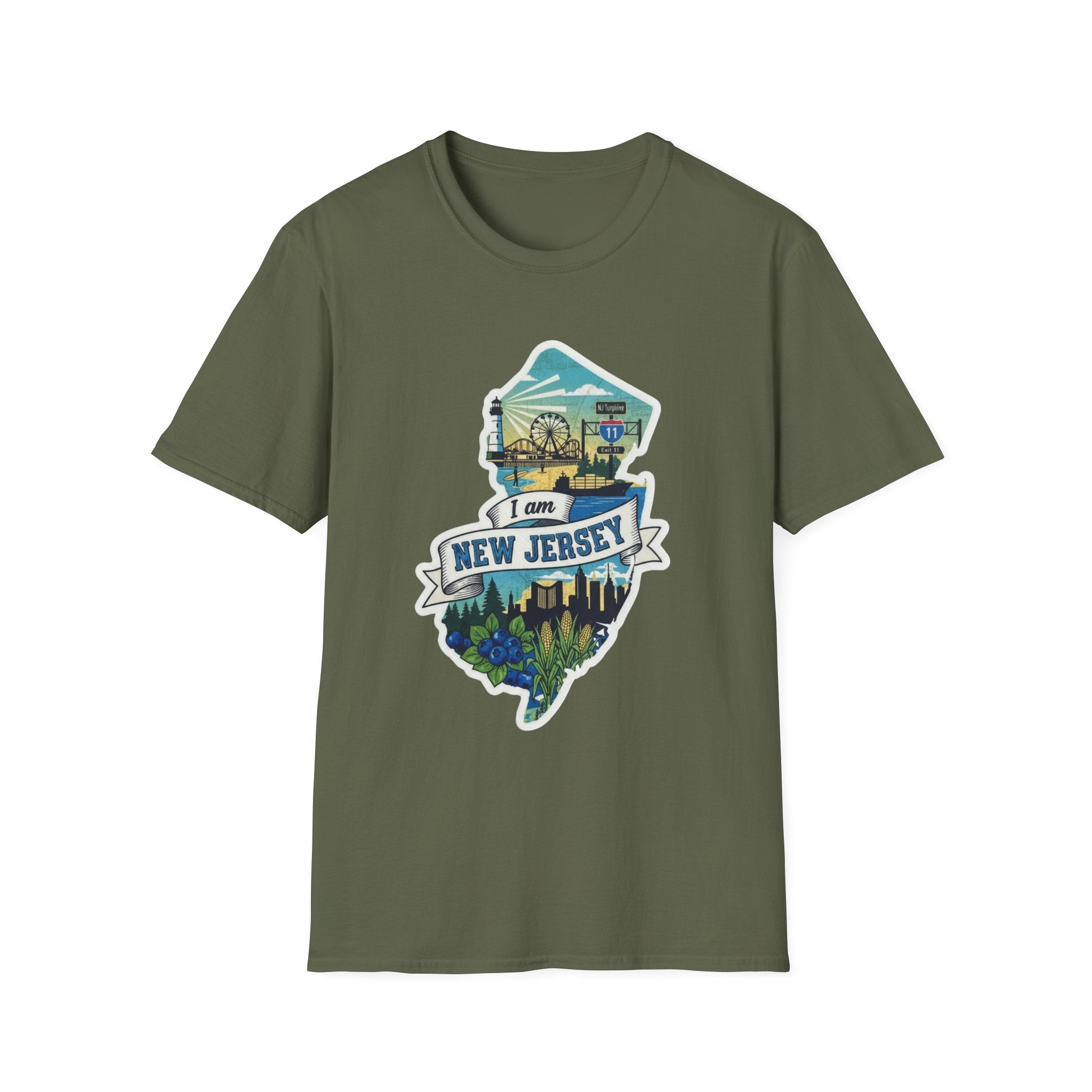 Crew-neck T-shirt, military green, with New Jersey map skyline graphic on front.