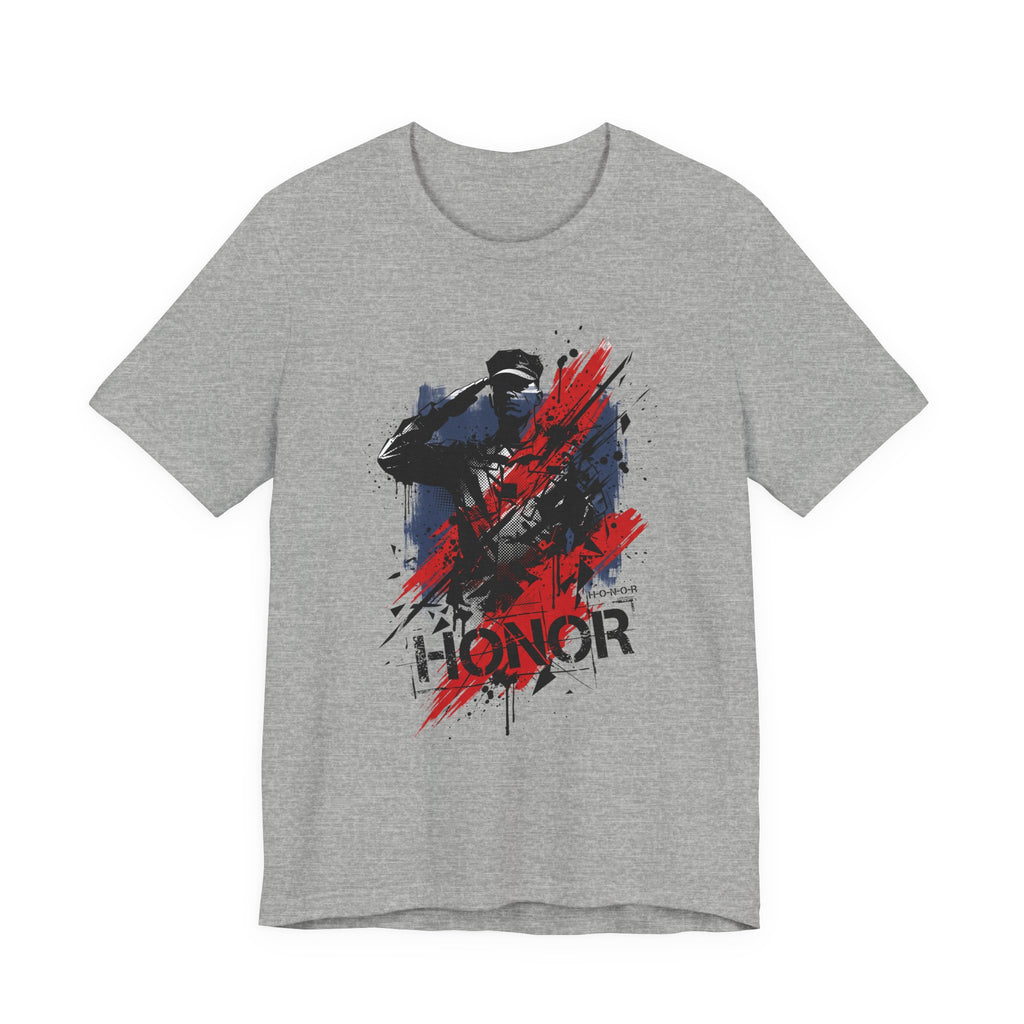 Heather gray t-shirt with 'HONOR' soldier graphic in red, white, and blue