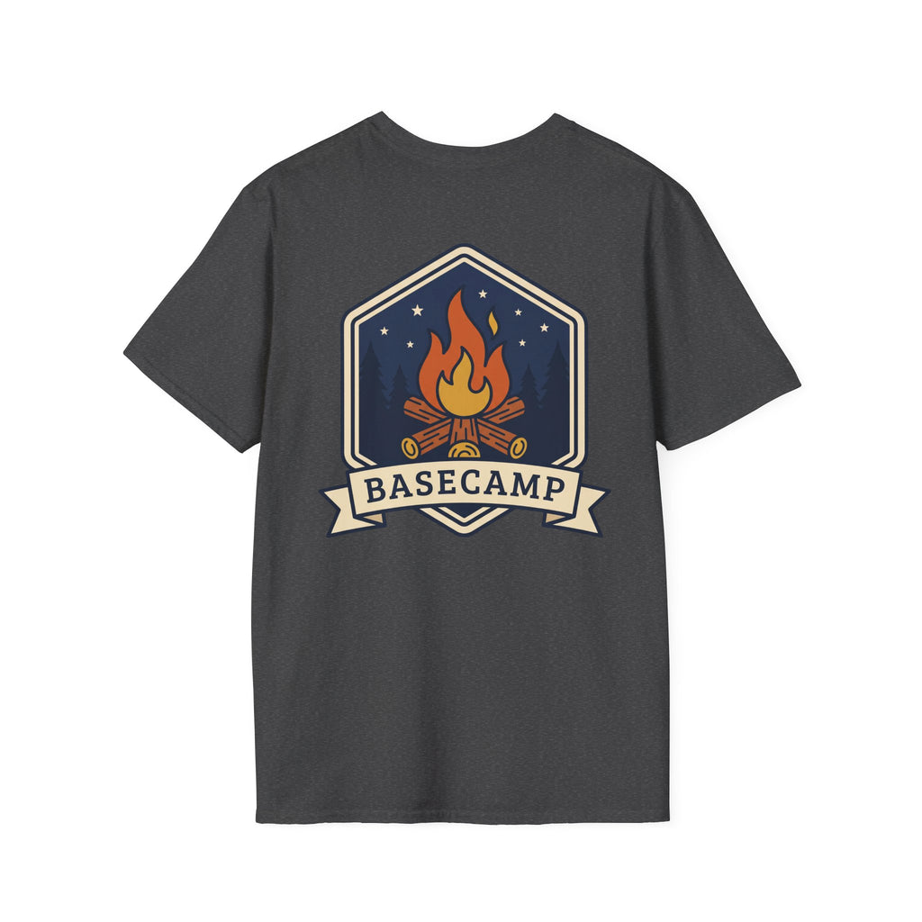 Basecamp campfire badge T-shirt in dark charcoal with colorful front graphic