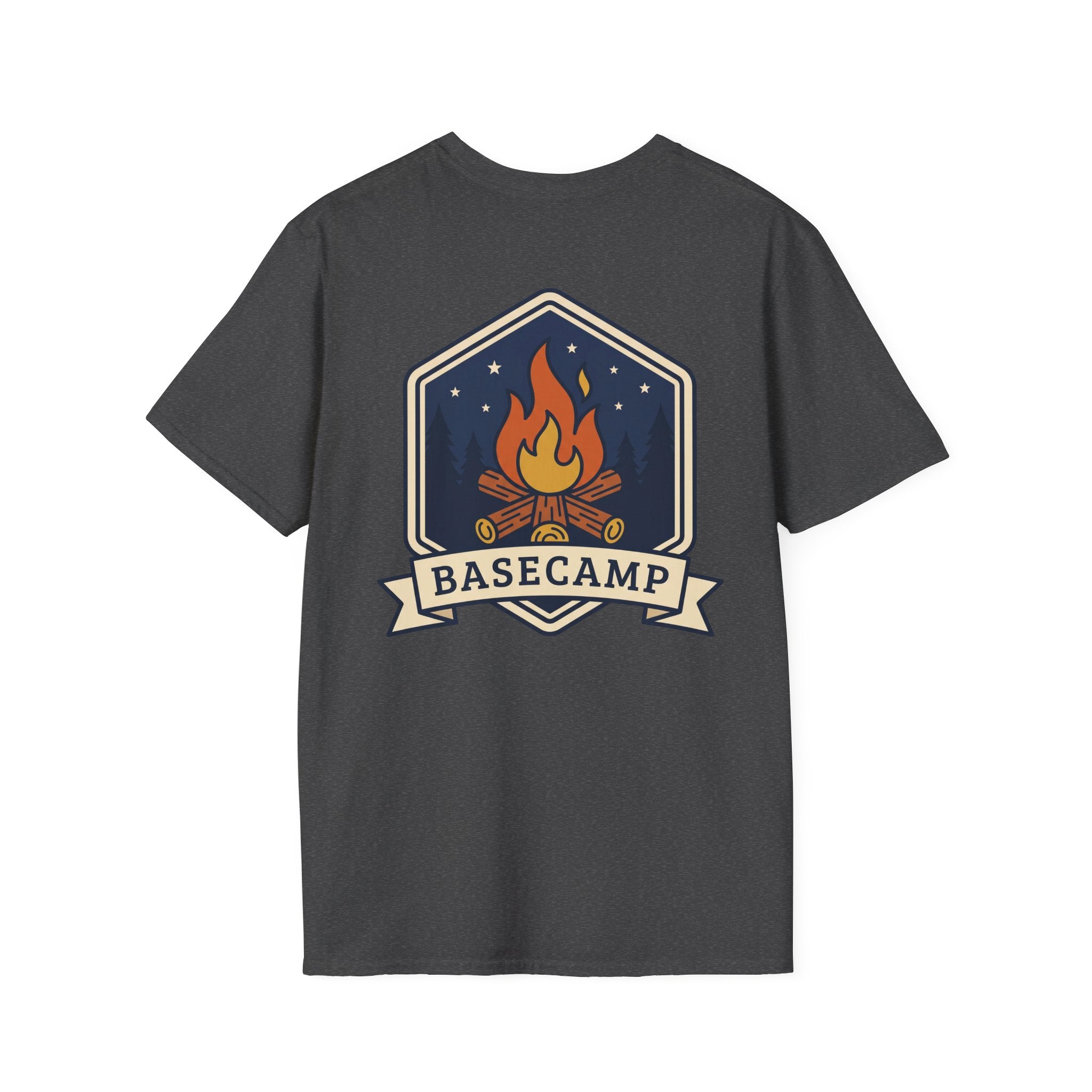 Basecamp campfire badge T-shirt in dark charcoal with colorful front graphic