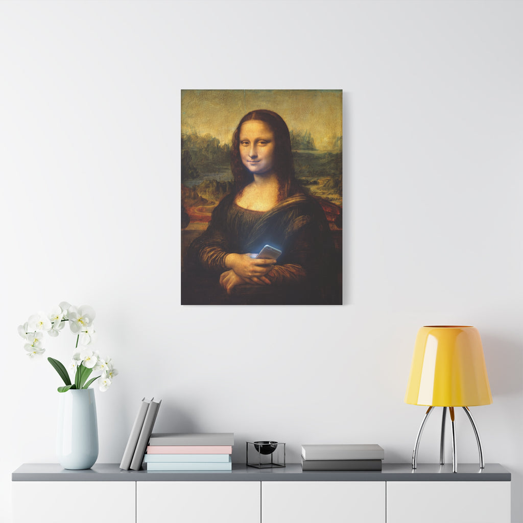 Matte canvas print of Mona Lisa holding a smartphone, small square wall art