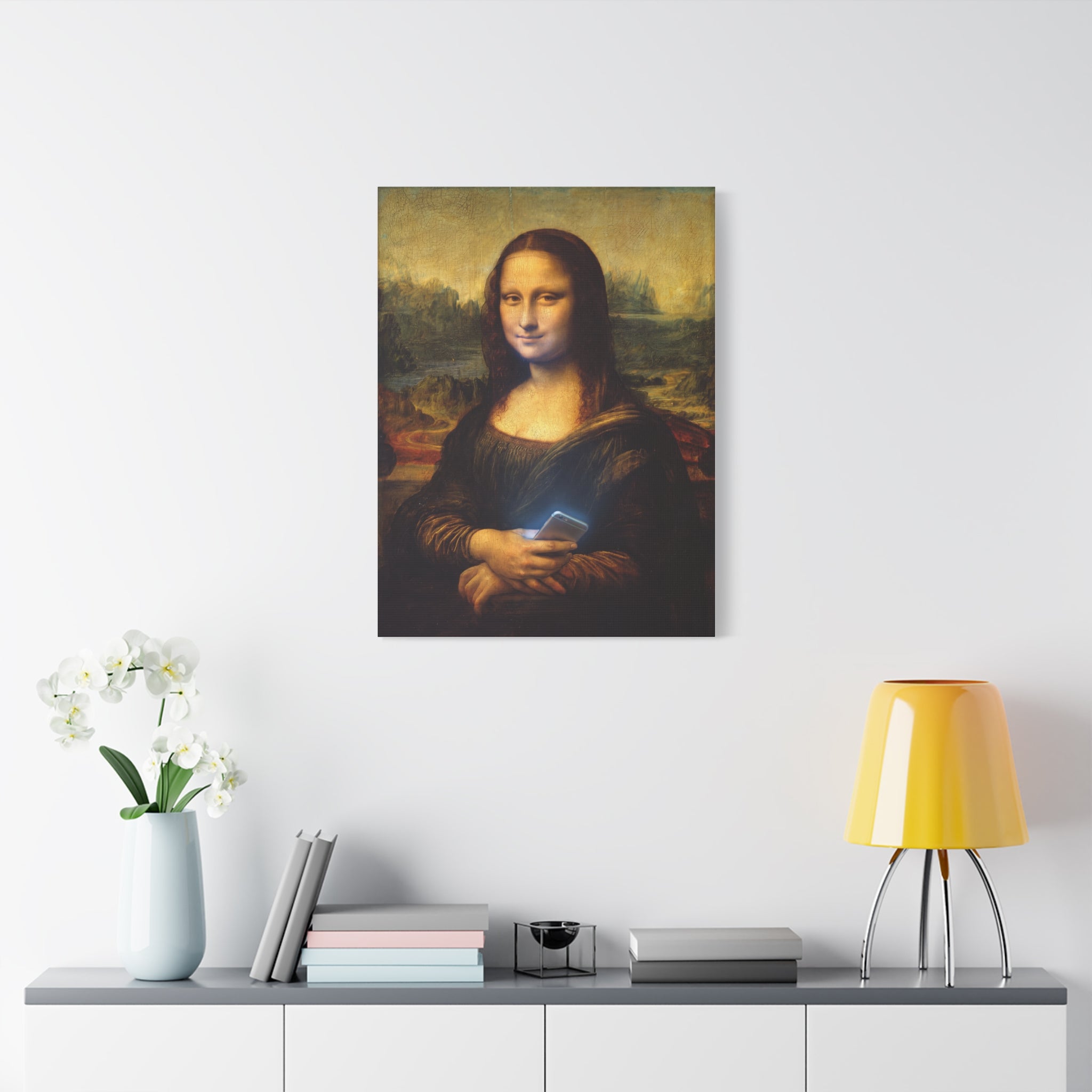 Matte canvas print of Mona Lisa holding a smartphone, small square wall art