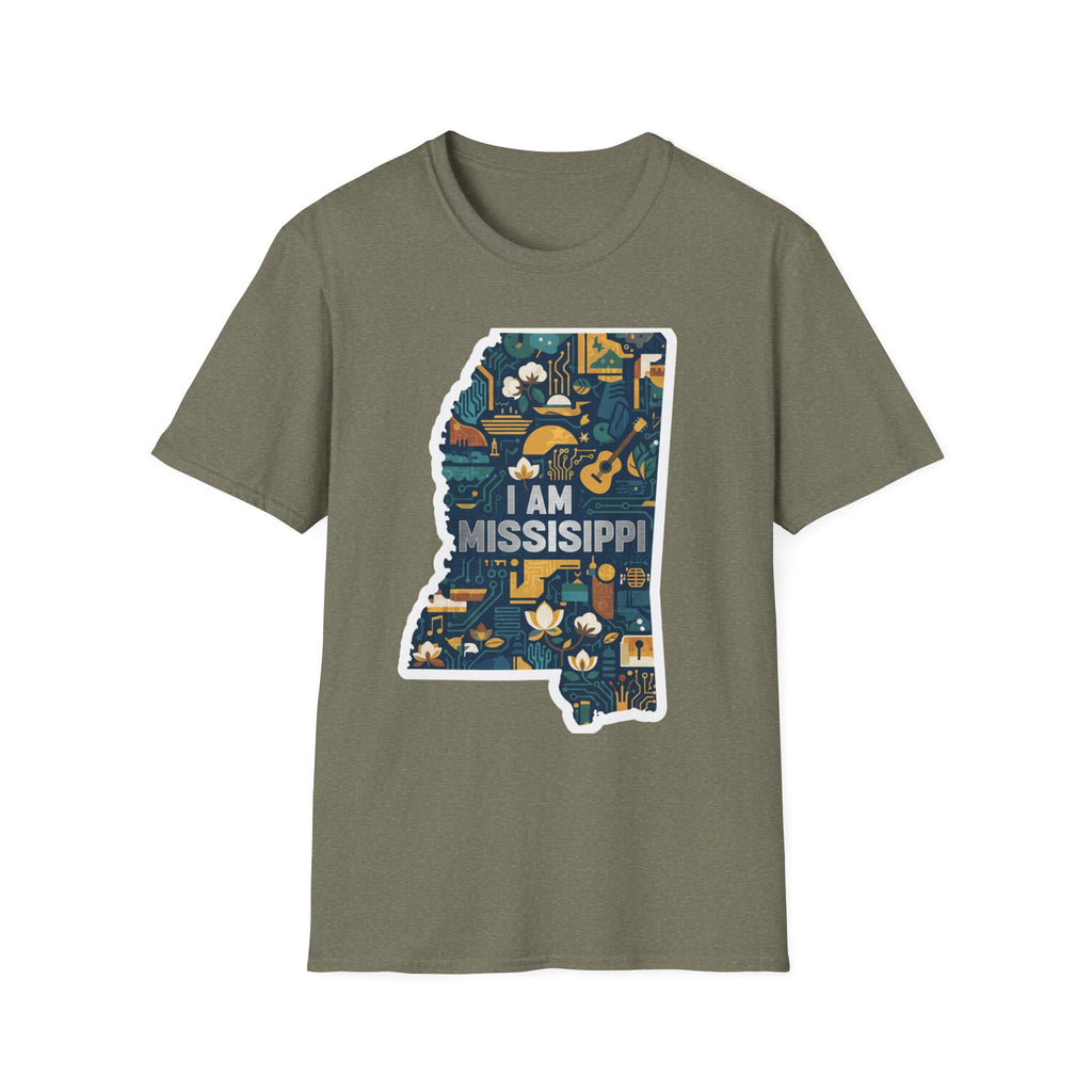 Heather Military Green T-shirt with colorful Mississippi state map graphic and "I AM MISSISSIPPI"