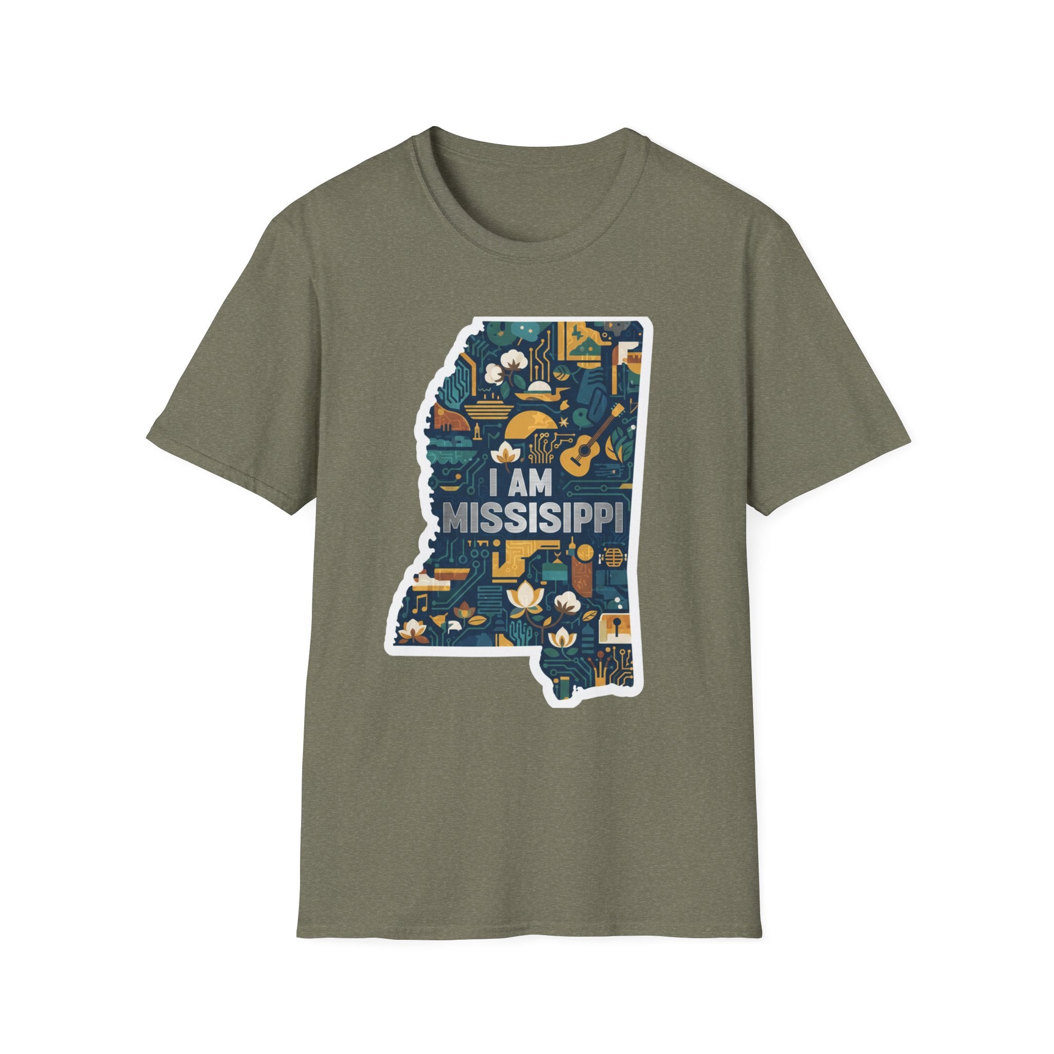 Heather Military Green T-shirt with colorful Mississippi state map graphic and "I AM MISSISSIPPI"