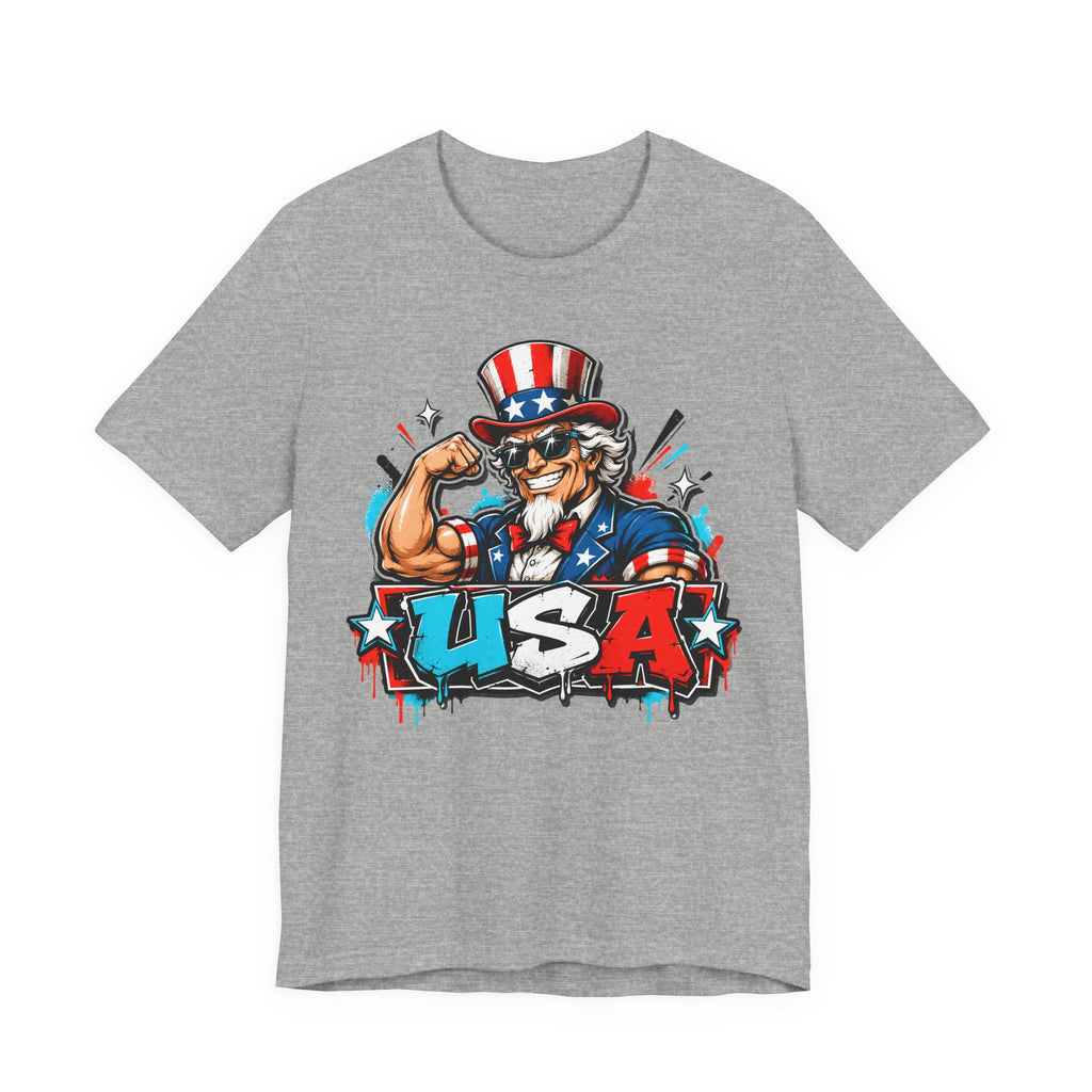Heather gray muscle t-shirt with Uncle Sam USA patriotic graphic