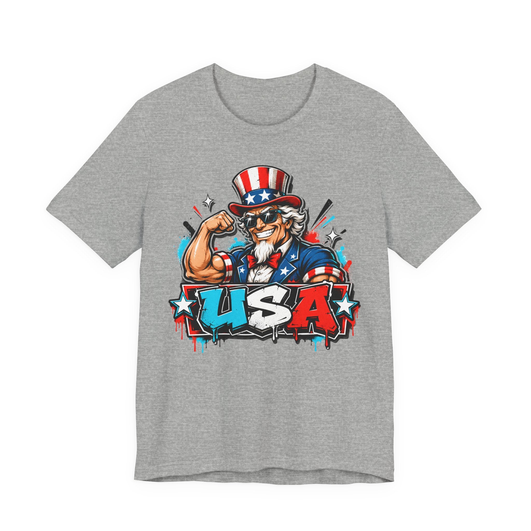 Heather gray muscle t-shirt with Uncle Sam USA patriotic graphic