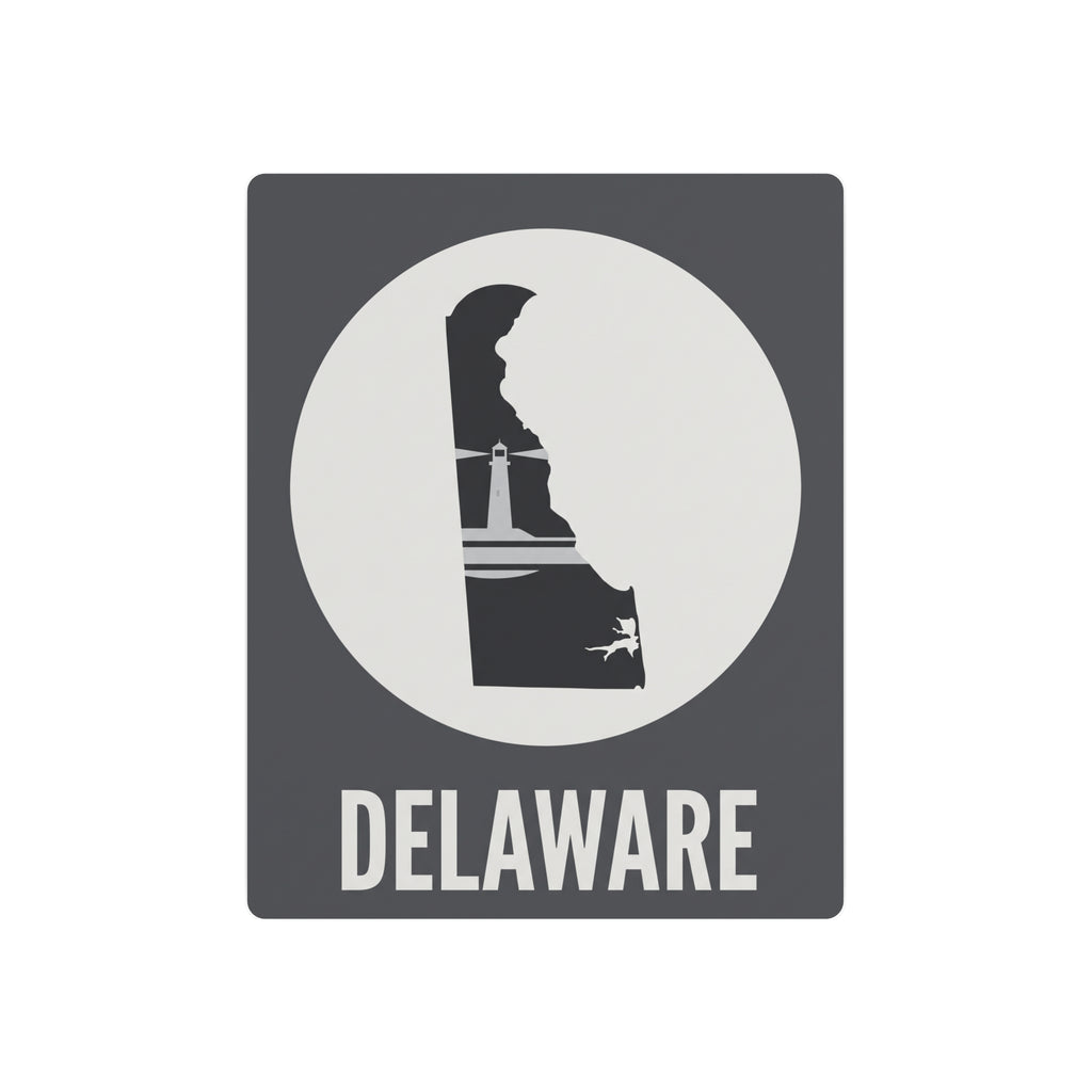 Delaware metal wall art featuring lighthouse silhouette in a circle, square sign, black and white