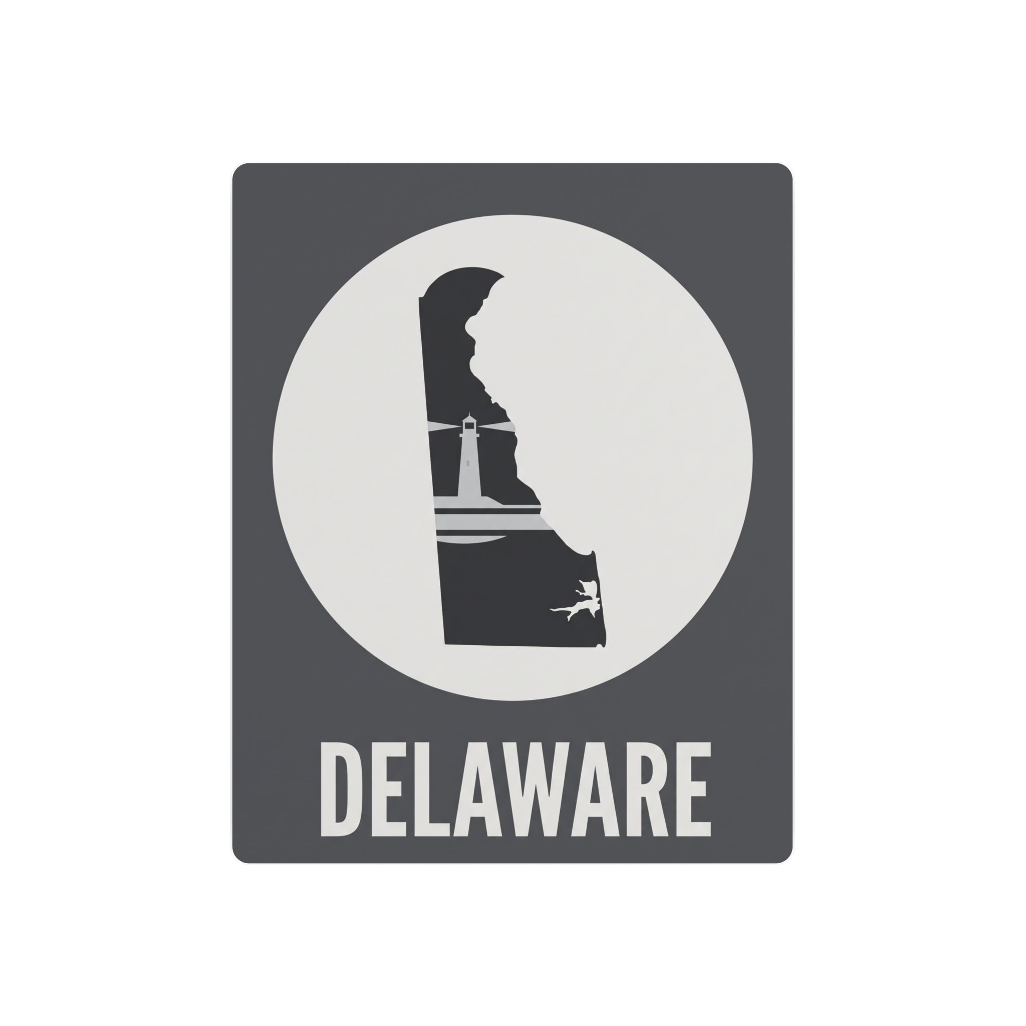 Delaware metal wall art featuring lighthouse silhouette in a circle, square sign, black and white
