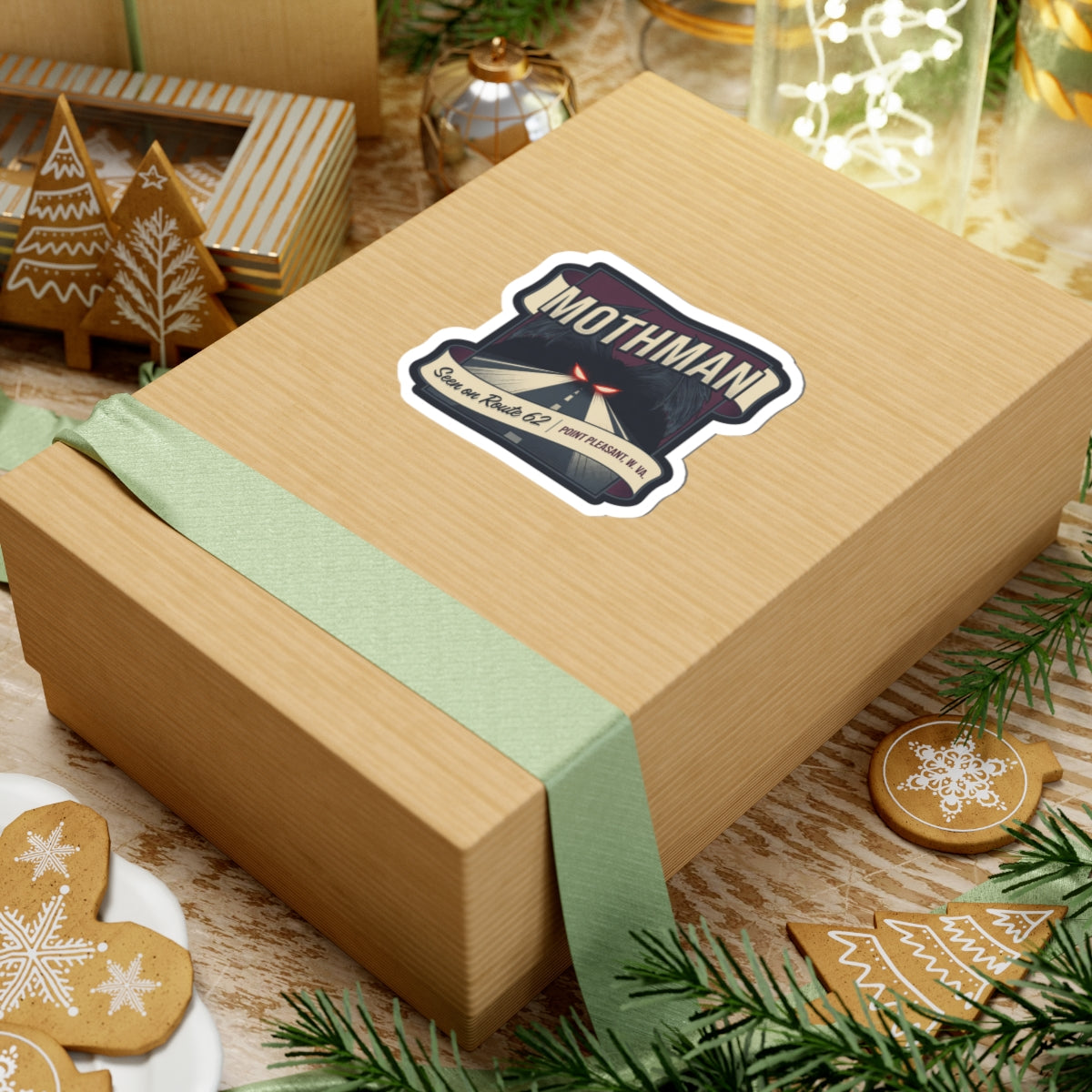 Mothman sticker on a gift box ribbon: road scene, glowing red eyes, Route 62 and Point Pleasant W.Va.