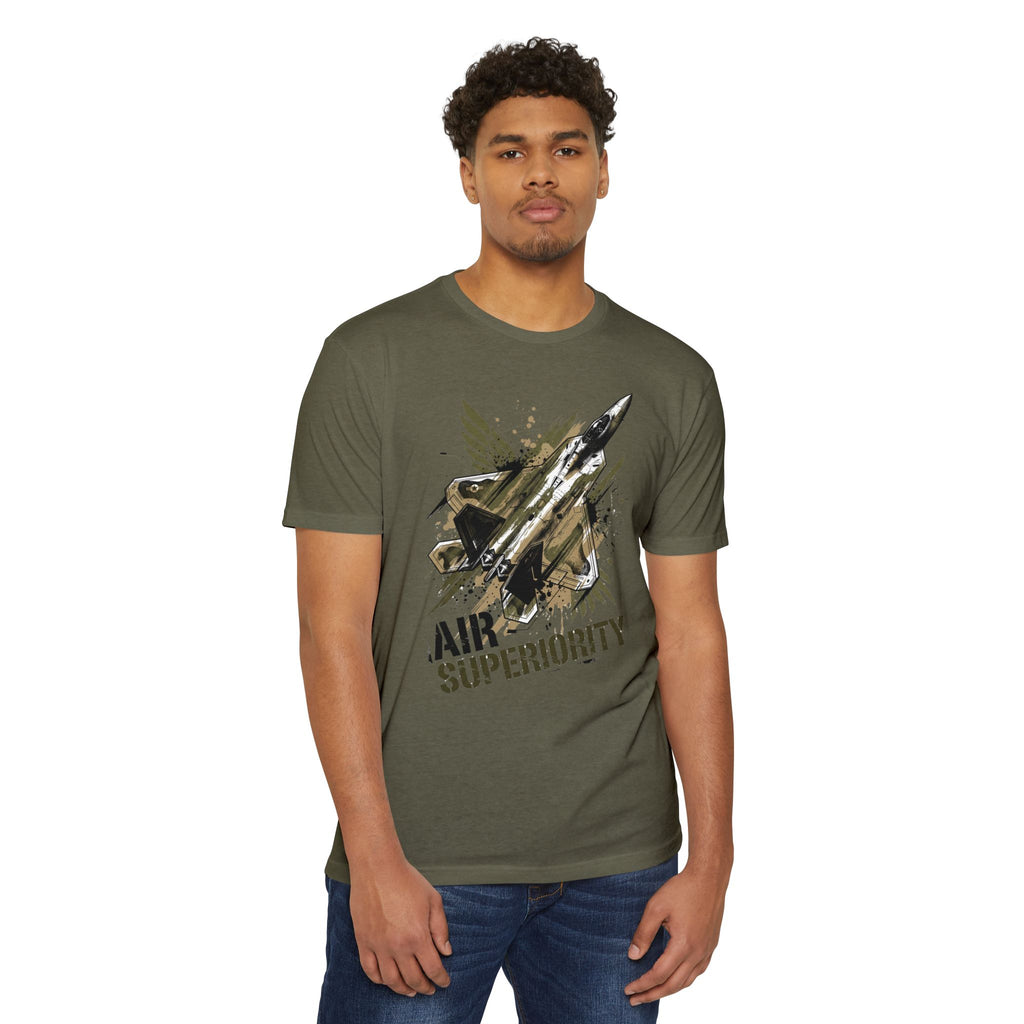 Air superiority jet fighter T-shirt in dark olive with front jet graphic and text