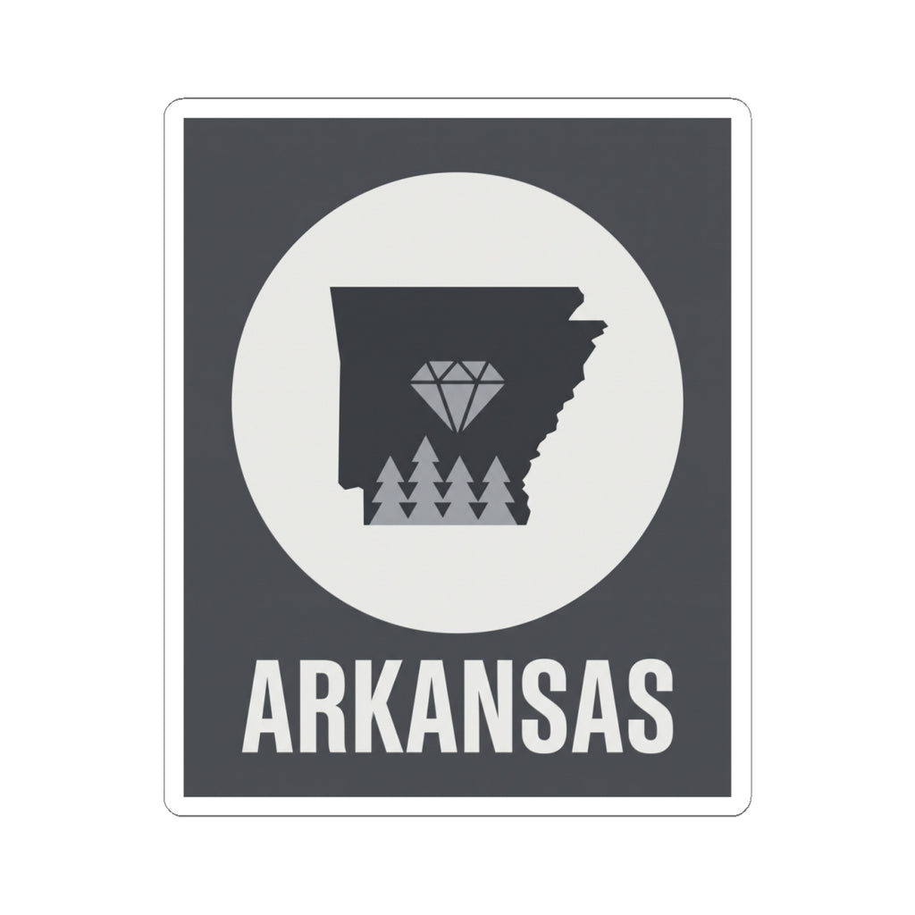 Arkansas vinyl sticker showing dark state outline, diamond tree graphic, and ARKANSAS label