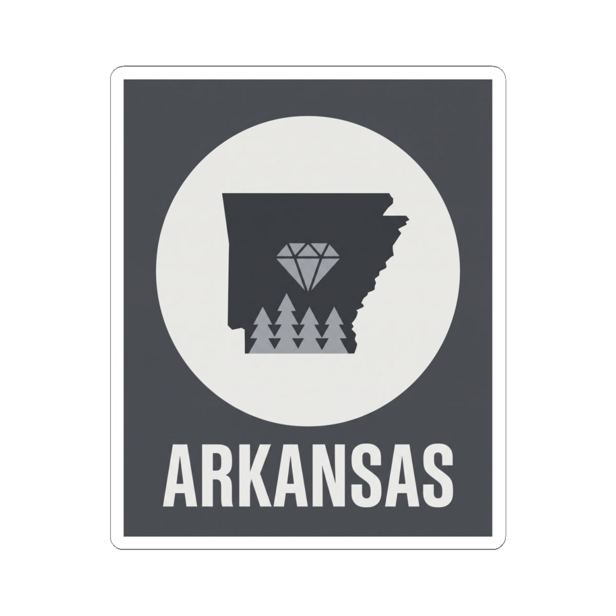 Arkansas vinyl sticker showing dark state outline, diamond tree graphic, and ARKANSAS label