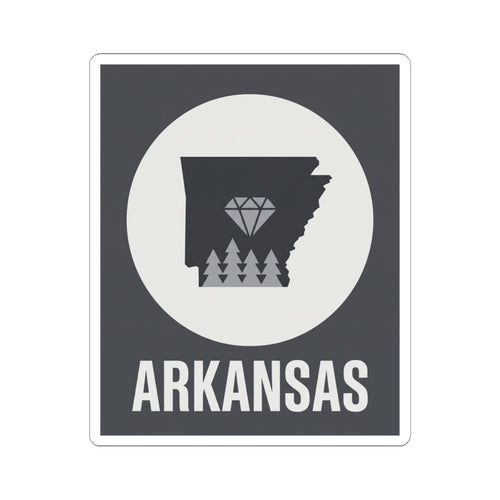 Arkansas vinyl sticker showing dark state outline, diamond tree graphic, and ARKANSAS label