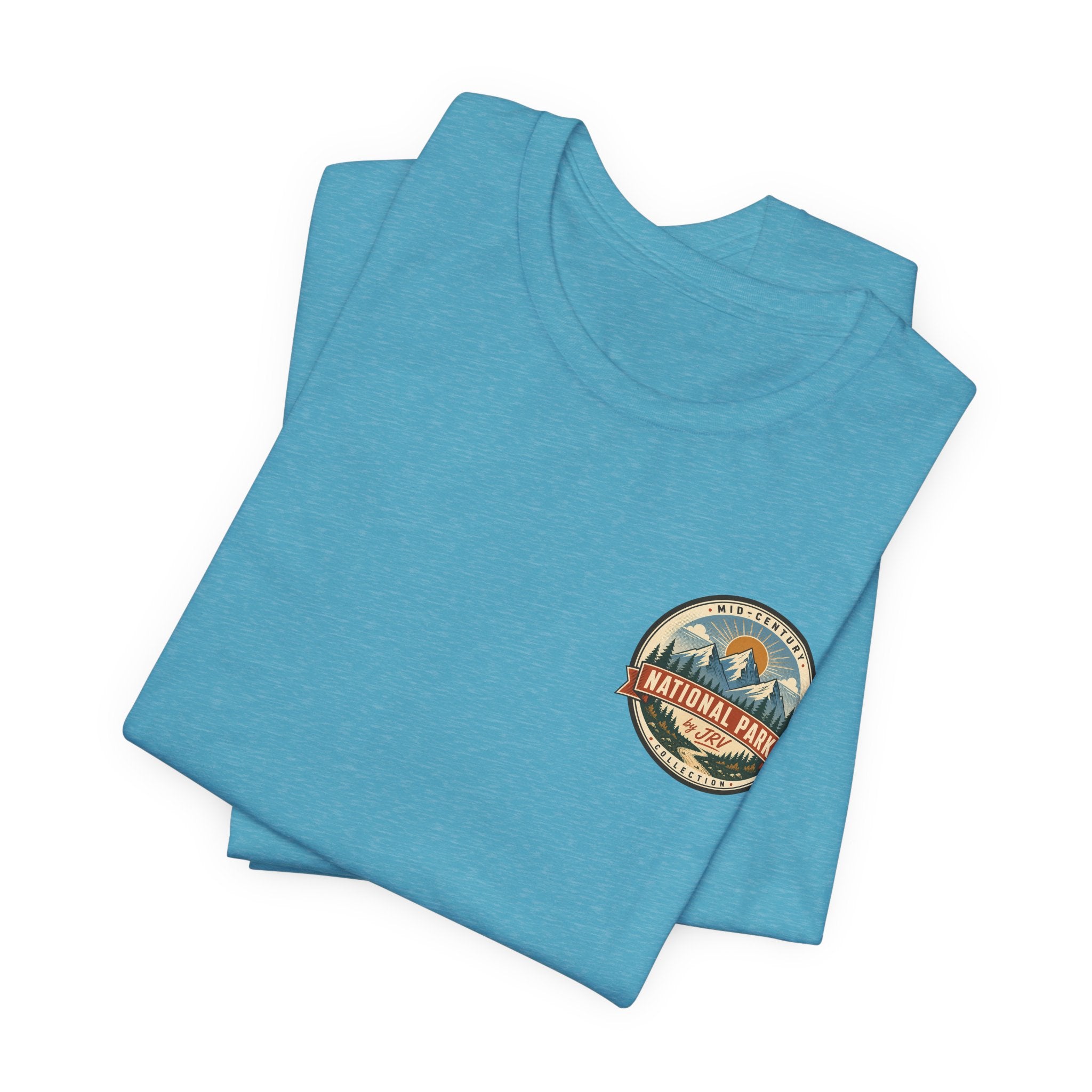 Heather aqua crewneck T-shirt with round National Park logo patch graphic