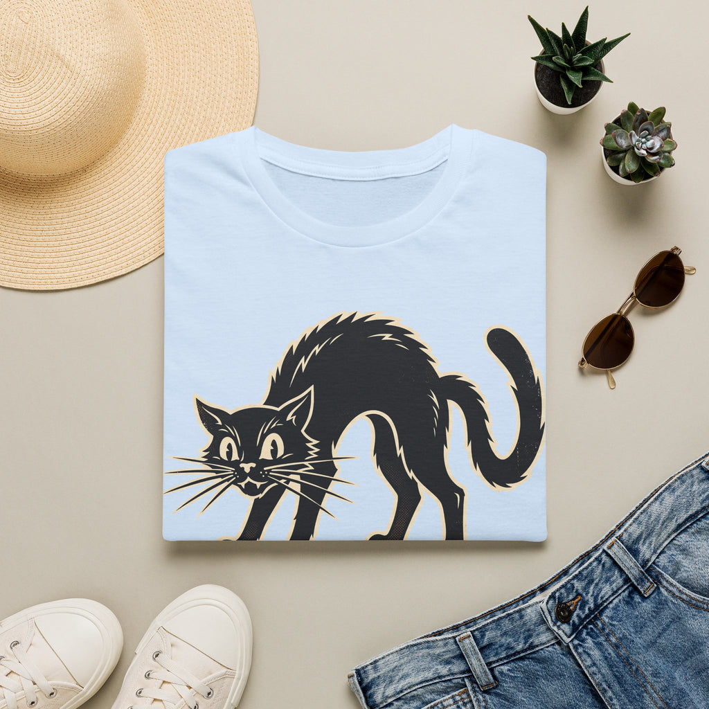 Light blue crew-neck cat illustration T-shirt with black Halloween cat graphic on front.