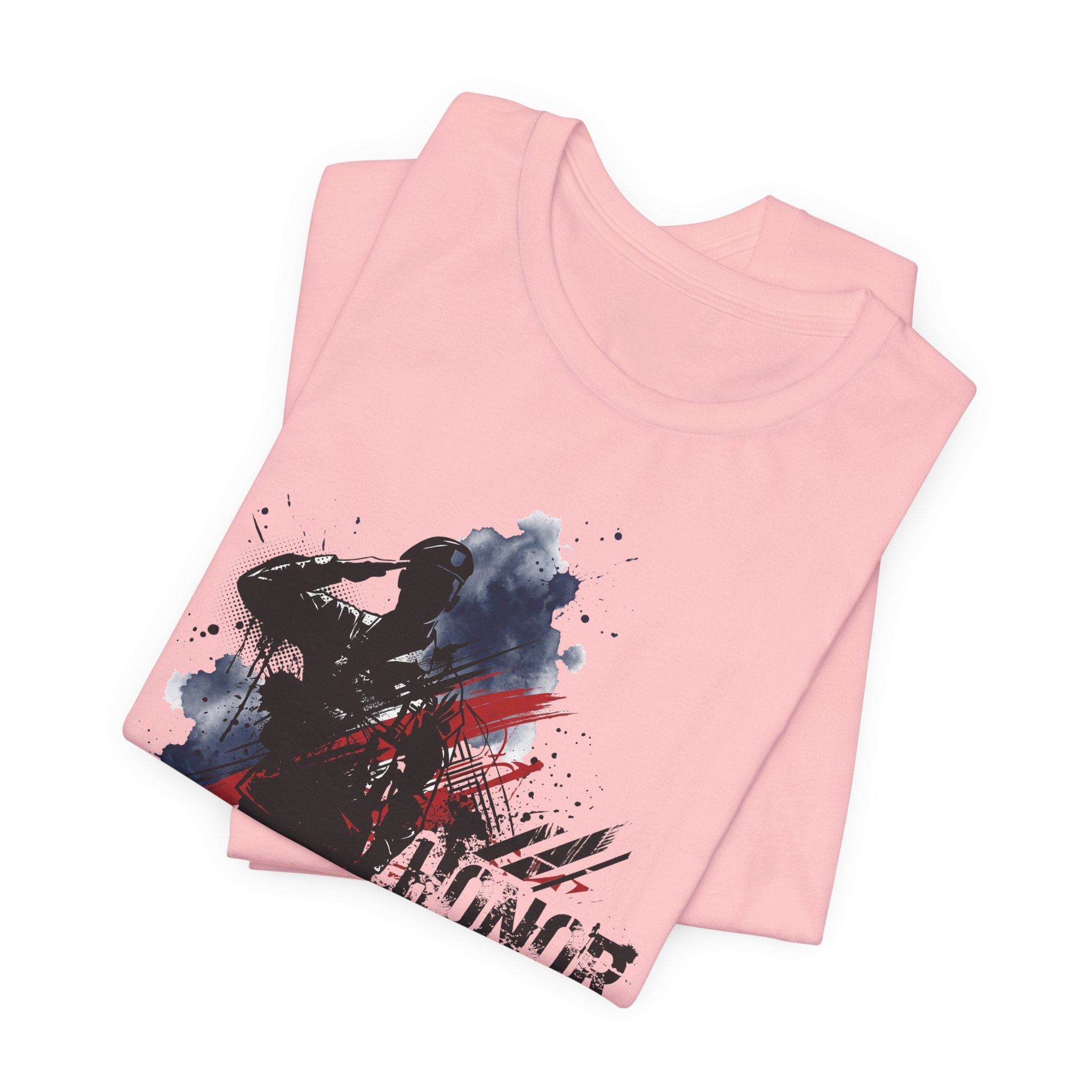Pink crewneck T-shirt with soldier silhouette graphic on front.