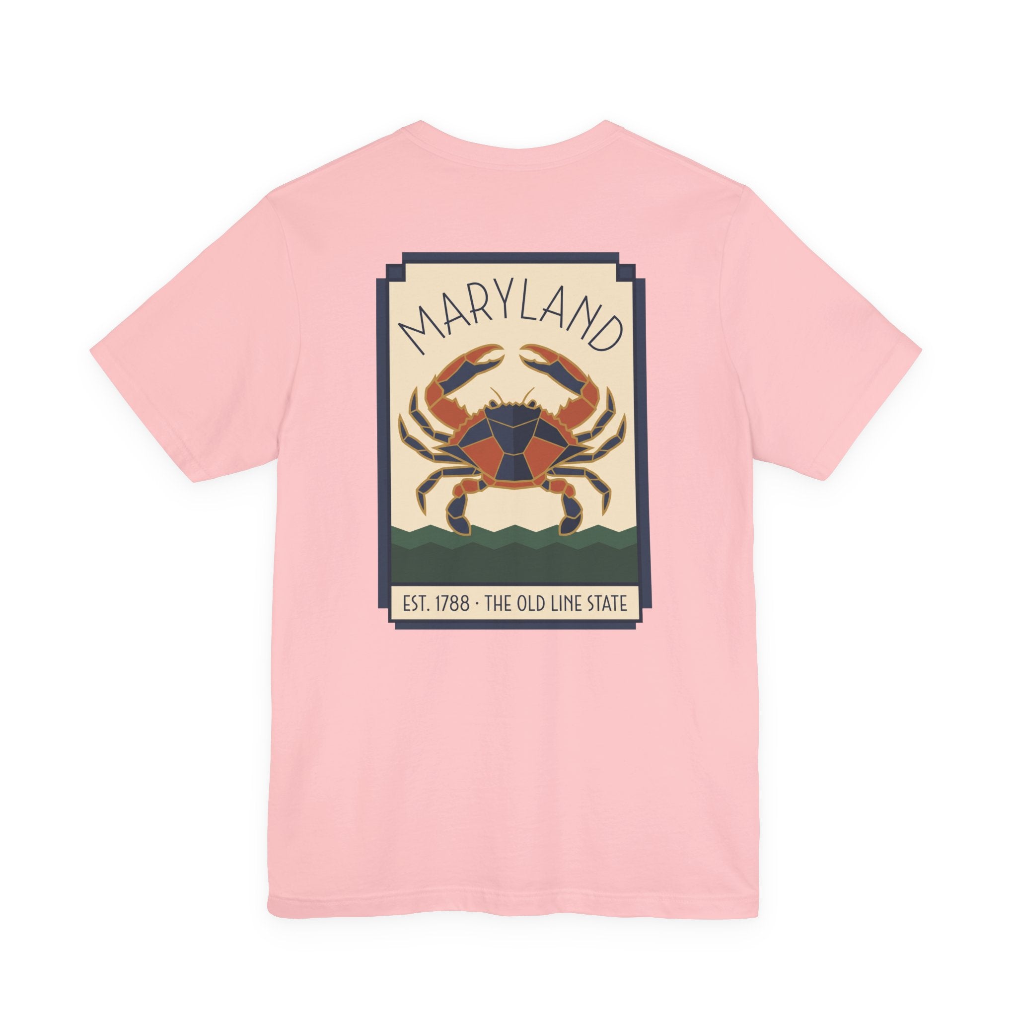 Pink T-shirt with large Art Deco blue crab graphic on the chest, front view.