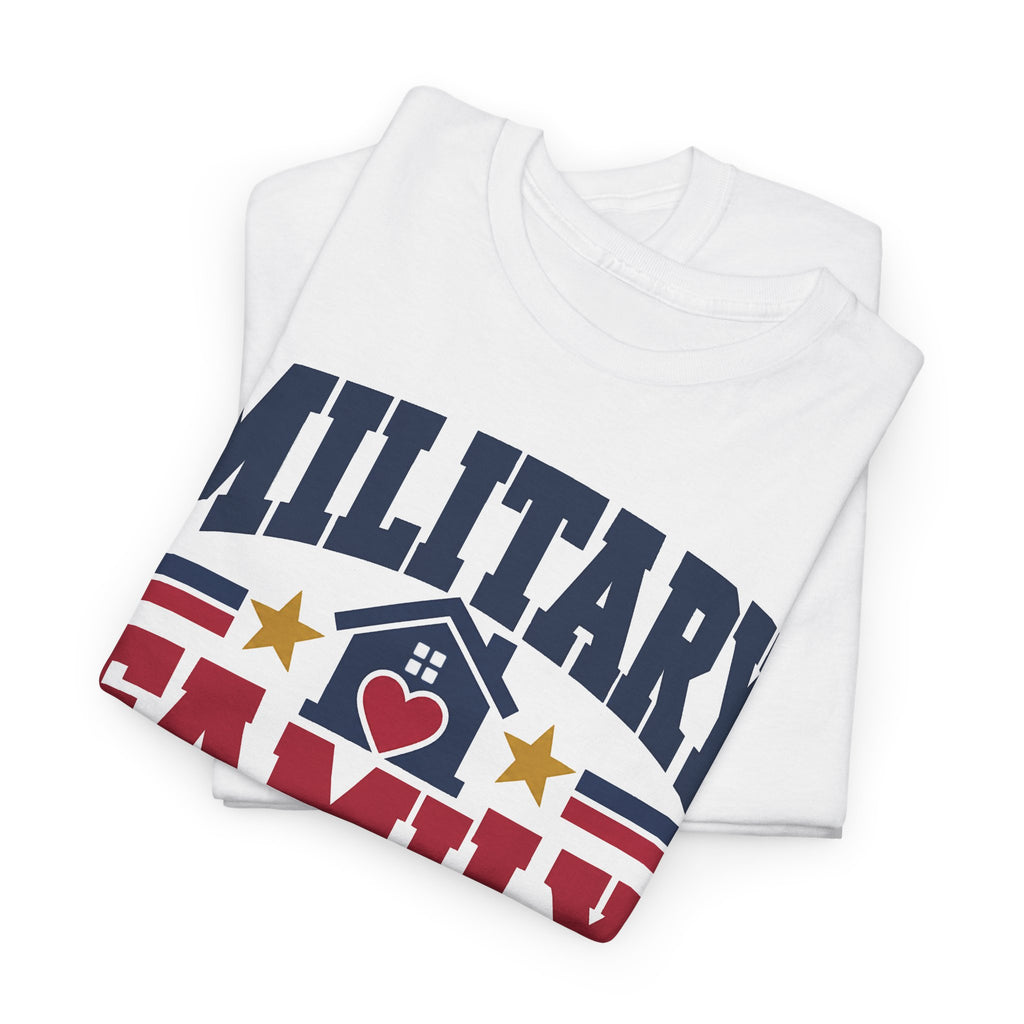 Unisex white T-shirt with large patriotic “Military Family” heart graphic print