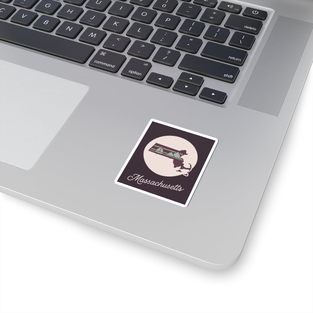 Mauve Massachusetts silhouette sticker on laptop, square kiss-cut vinyl decal with script