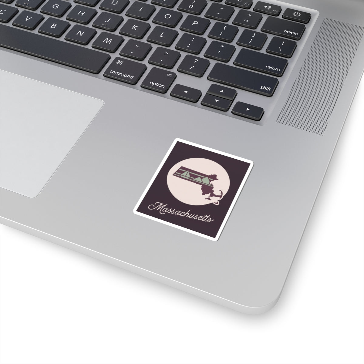Mauve Massachusetts silhouette sticker on laptop, square kiss-cut vinyl decal with script