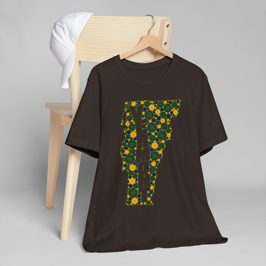 Dark brown crew-neck T-shirt with floral Vermont map outline graphic in green and gold