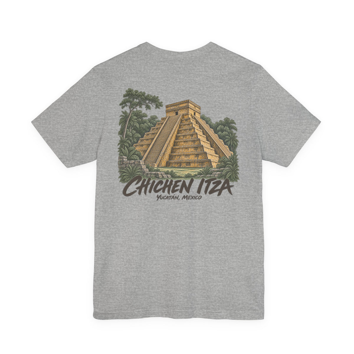 Heather gray crewneck T-shirt with large Chichen Itza pyramid scene and text graphic