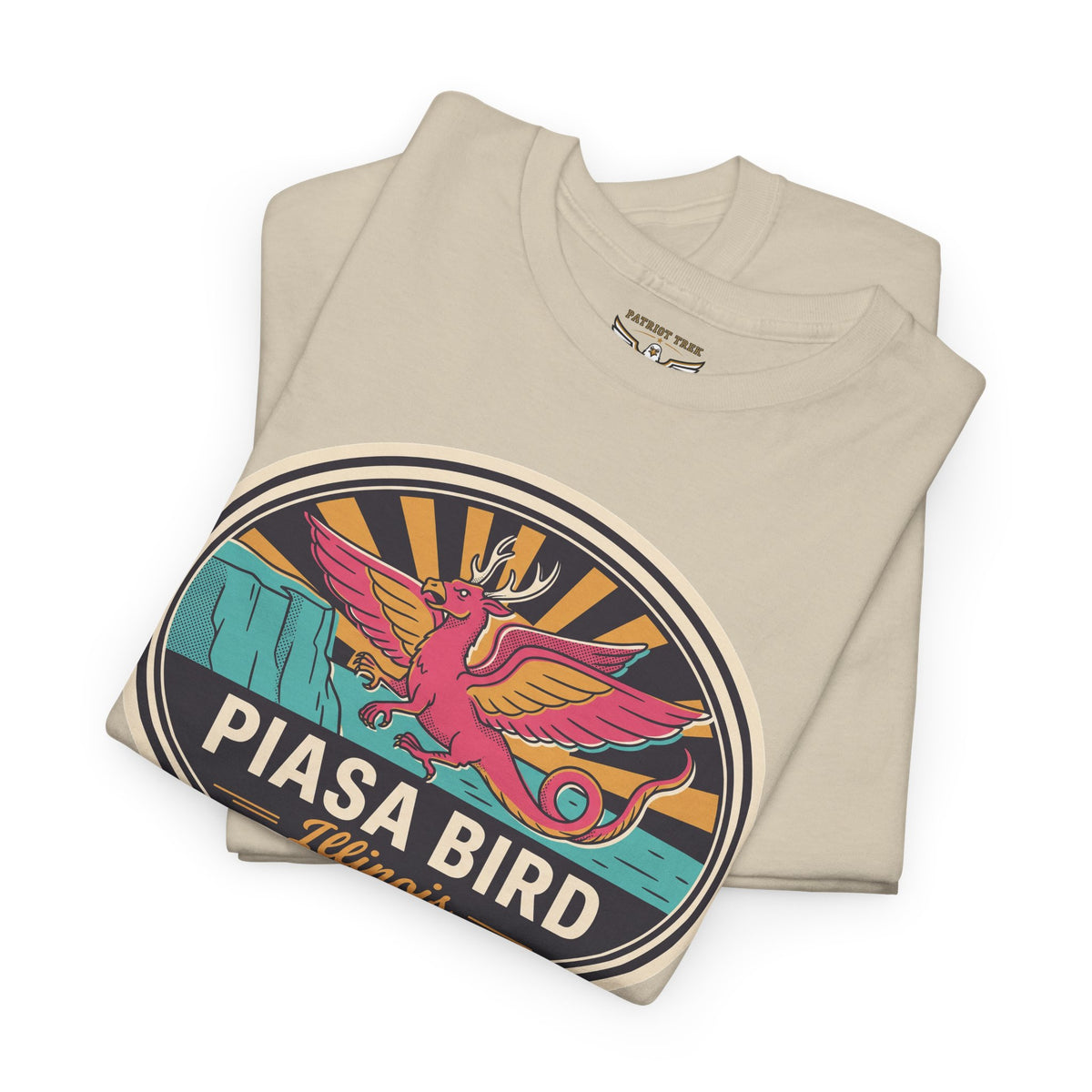 Sand beige crewneck T-shirt with colorful Piasa bird vintage crest graphic